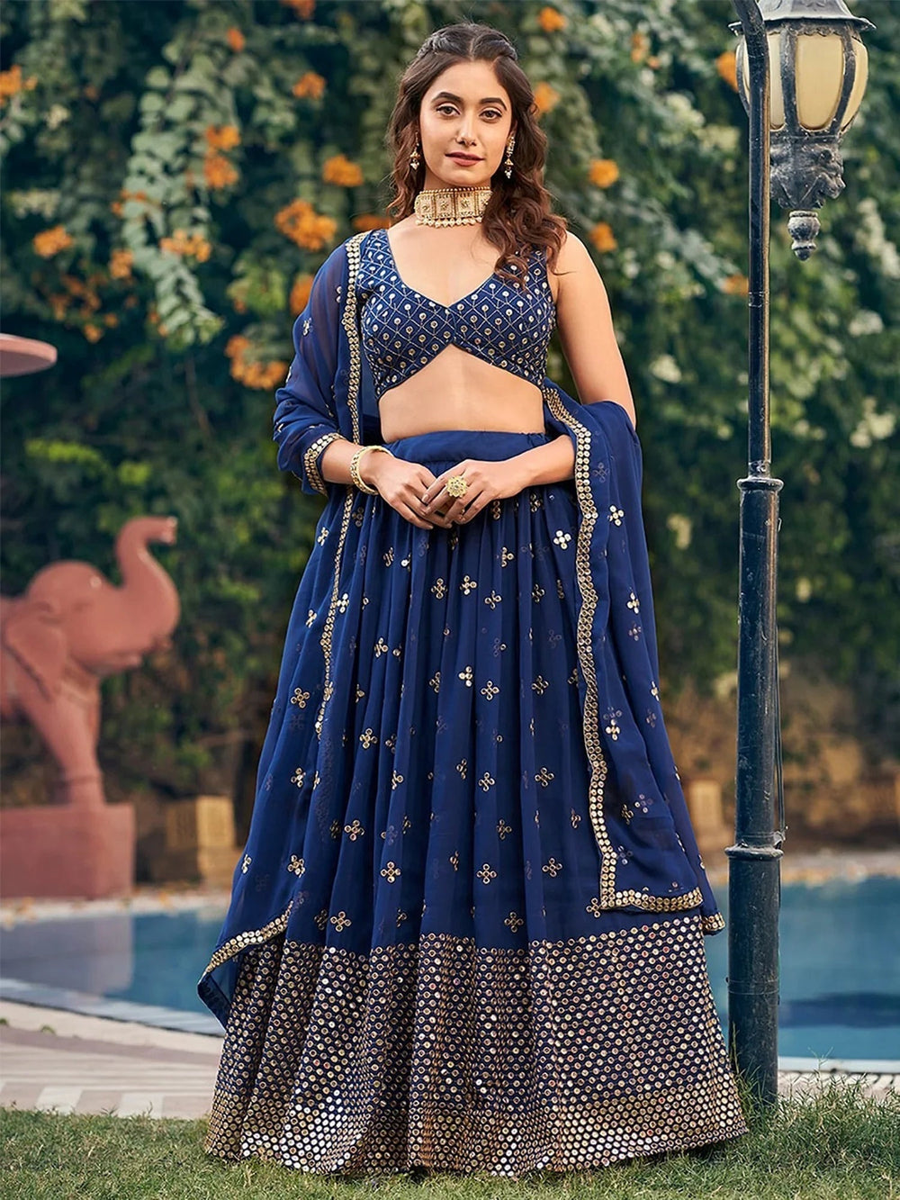 Navy Blue Georgette Sequins Embroidered Lehenga Choli for Women