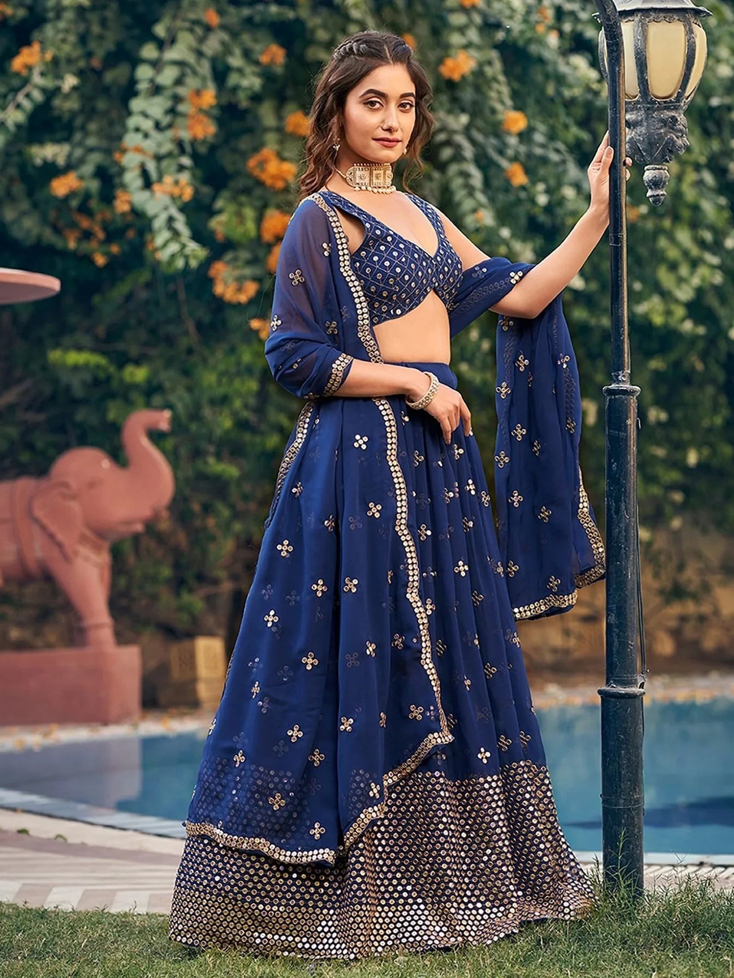 Navy Blue Georgette Sequins Embroidered Lehenga Choli for Women