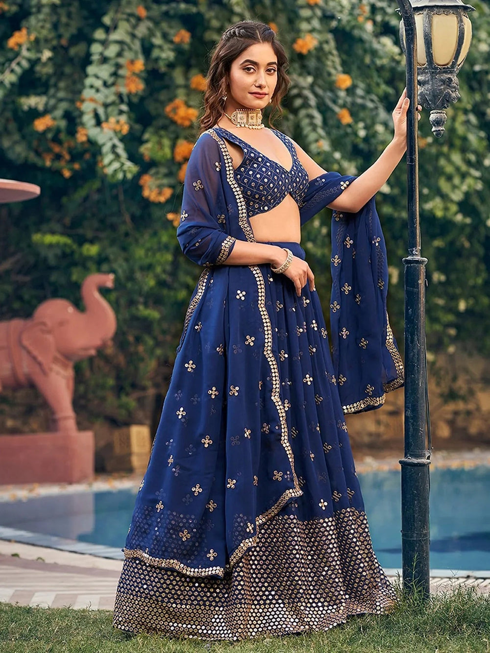 Navy Blue Georgette Sequins Embroidered Lehenga Choli for Women
