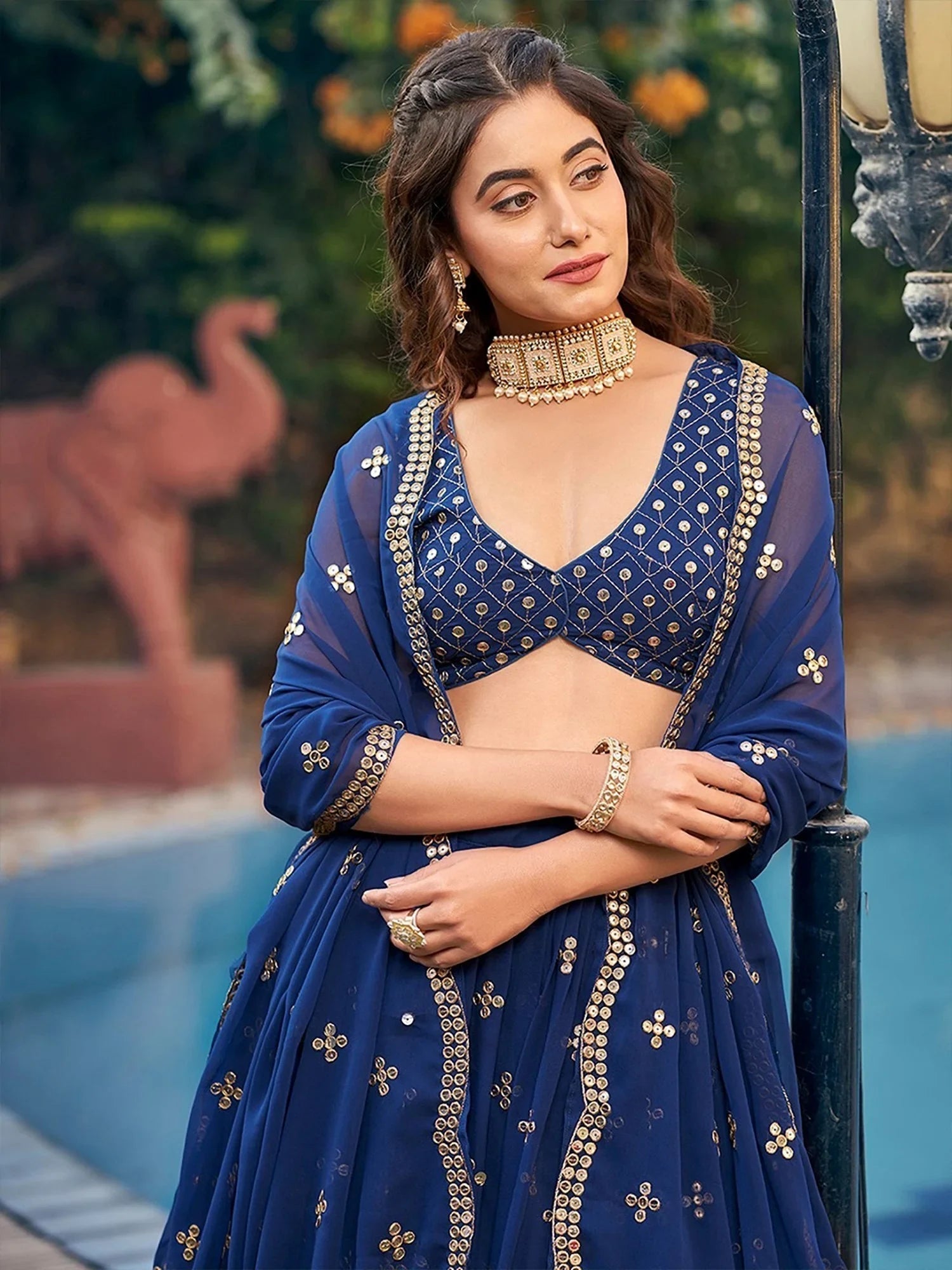 Navy Blue Georgette Sequins Embroidered Lehenga Choli for Women