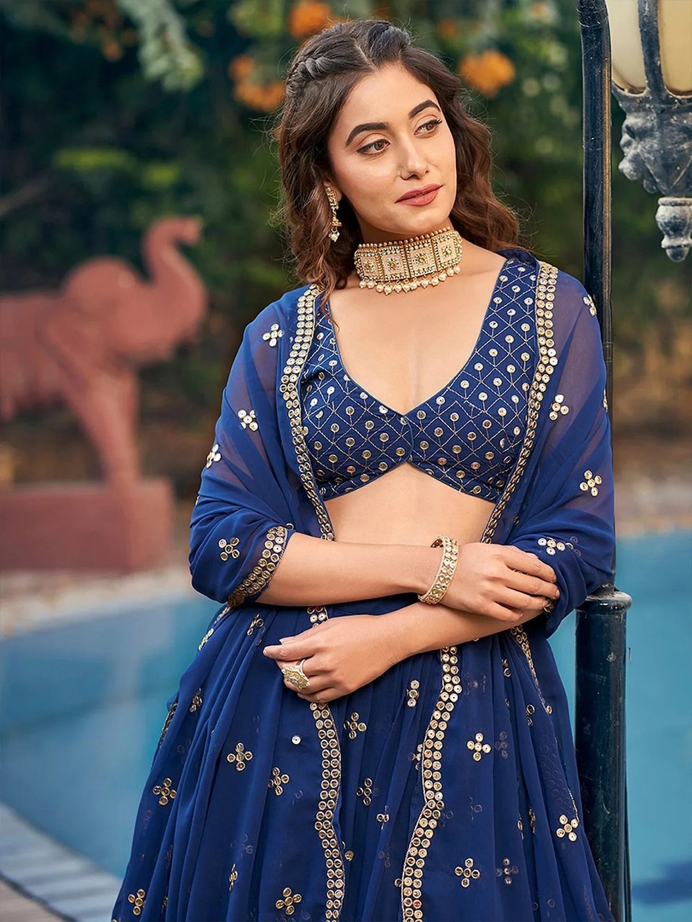 Navy Blue Georgette Sequins Embroidered Lehenga Choli for Women