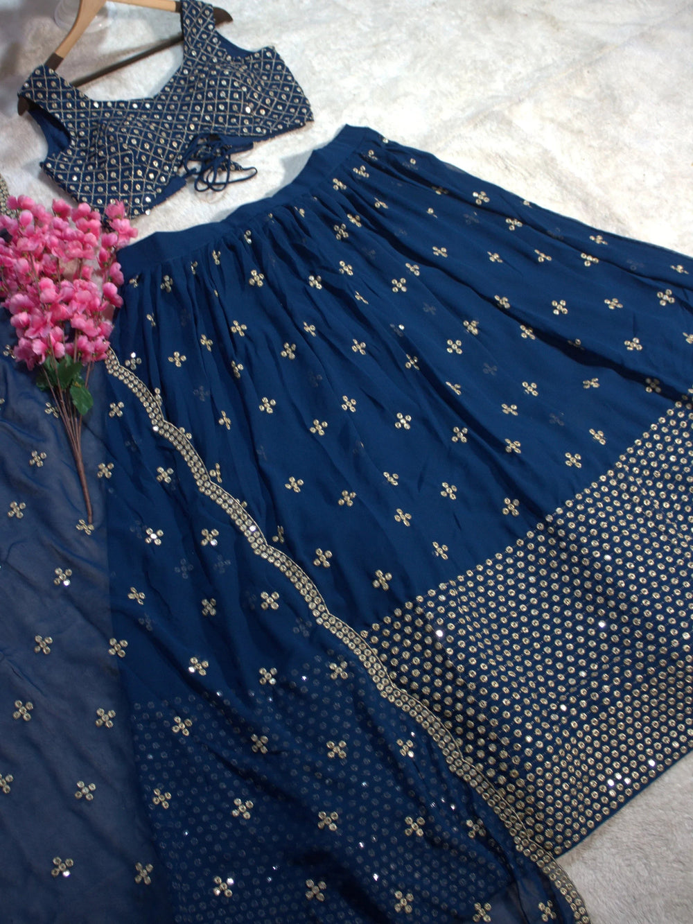 Navy Blue Georgette Sequins Embroidered Lehenga Choli for Women