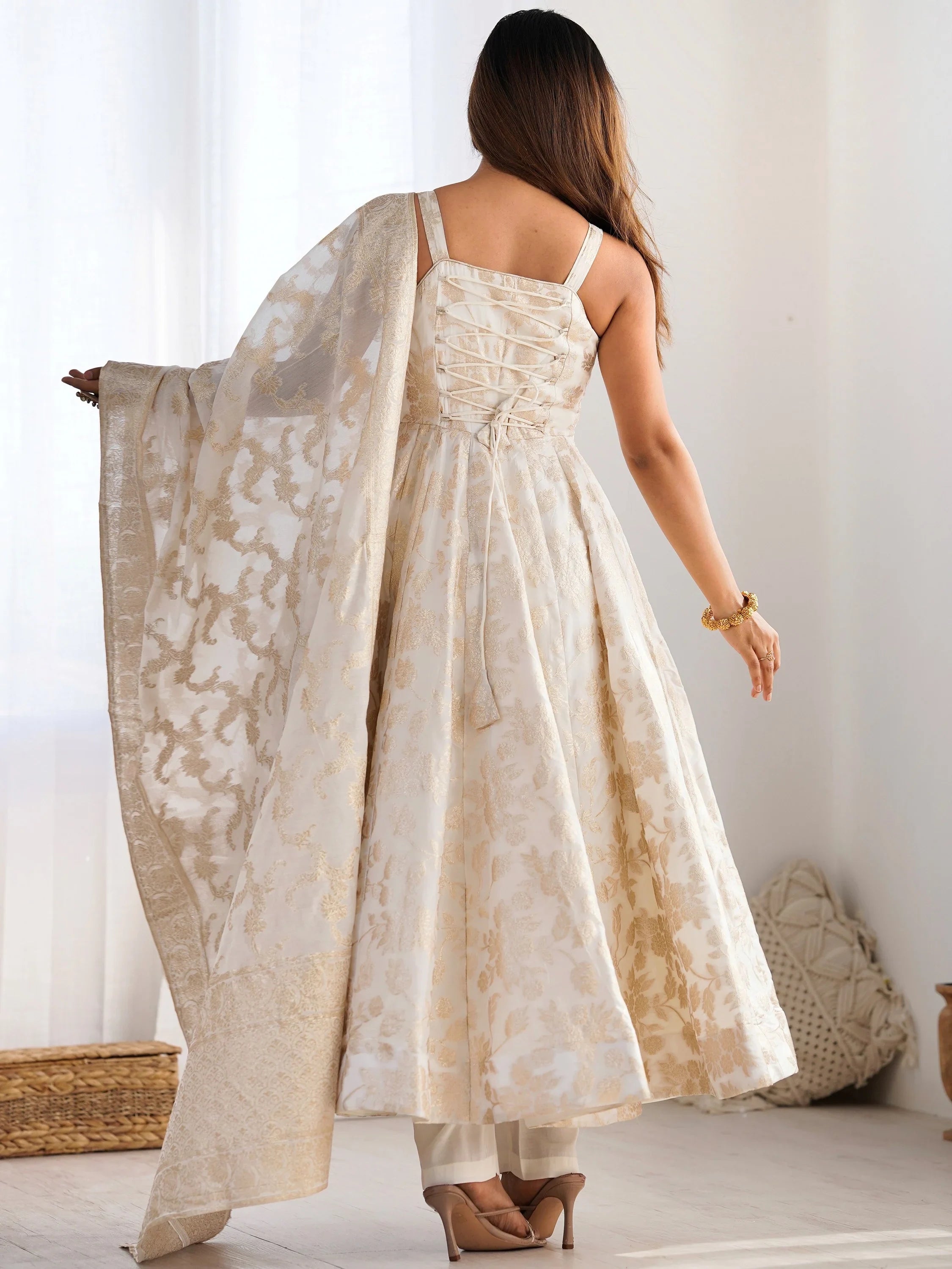 Off-White Zari Weaving Silk Festival Wear Anarakali Suit