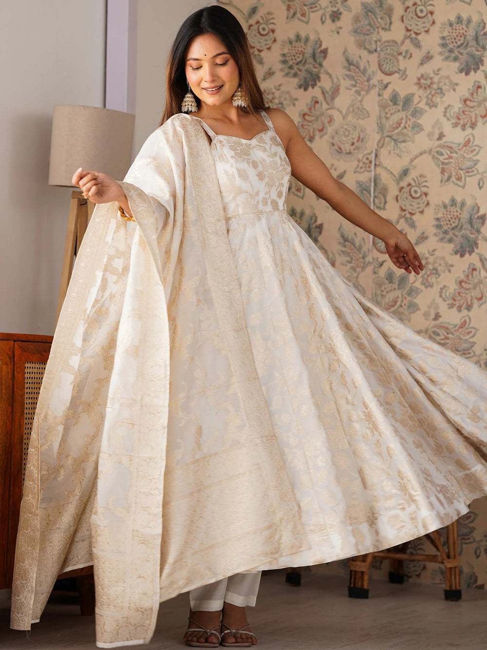 Off-White Zari Weaving Silk Festival Wear Anarakali Suit