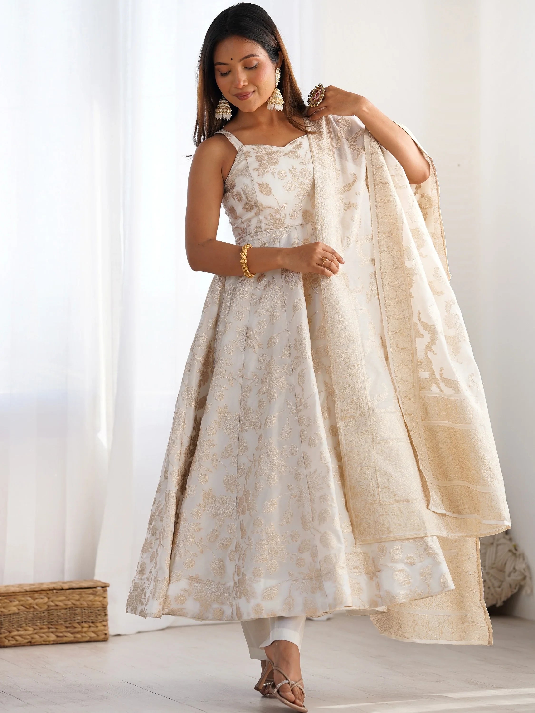 Off-White Zari Weaving Silk Festival Wear Anarakali Suit