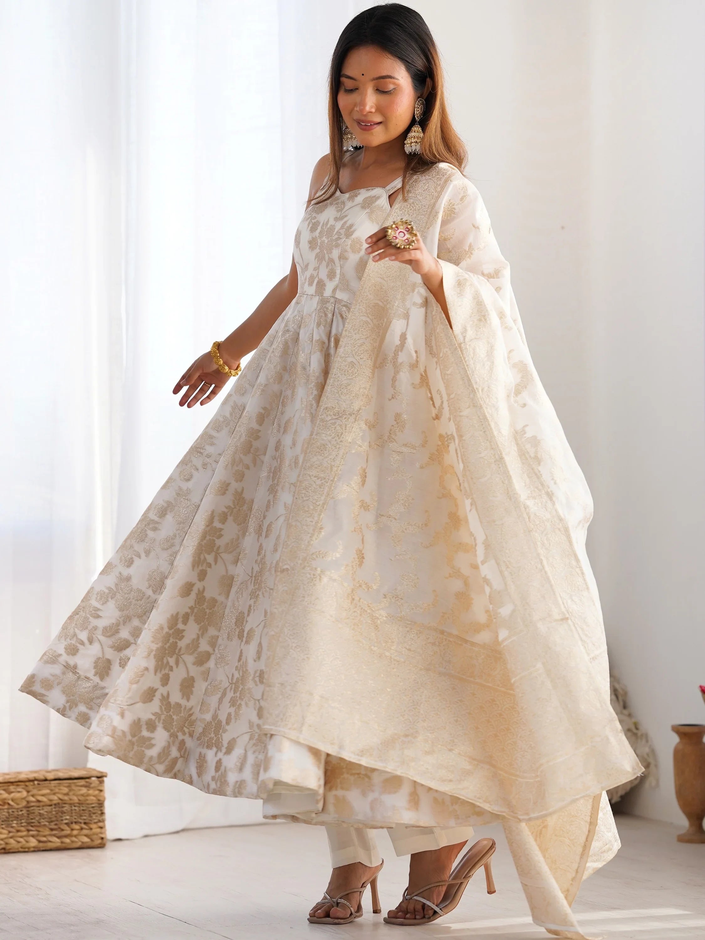 Off-White Zari Weaving Silk Festival Wear Anarakali Suit