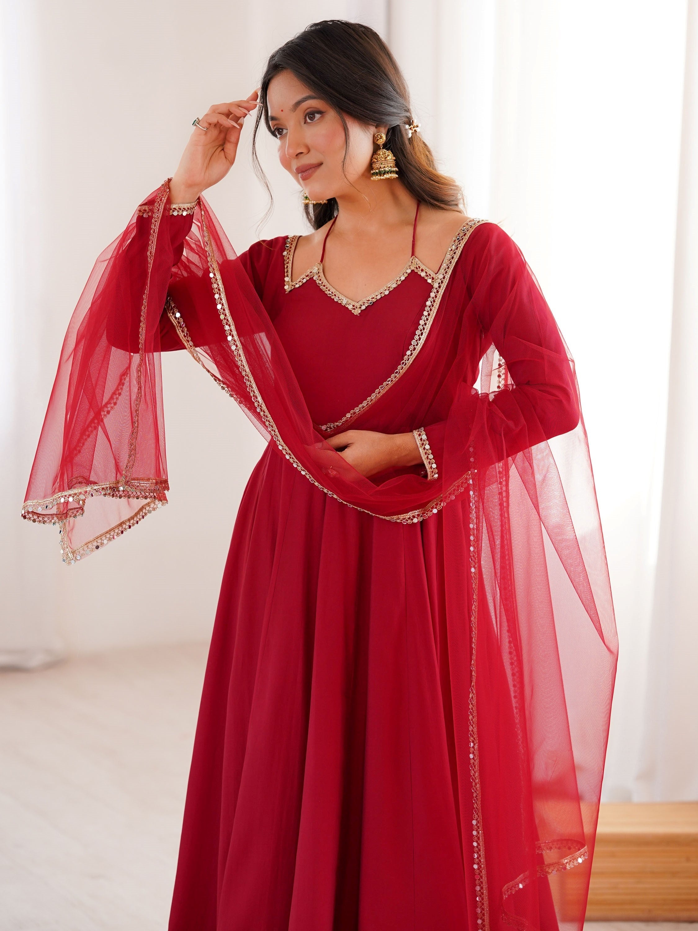 Maroon Georgette Festival Wear Gown With Dupatta for Women