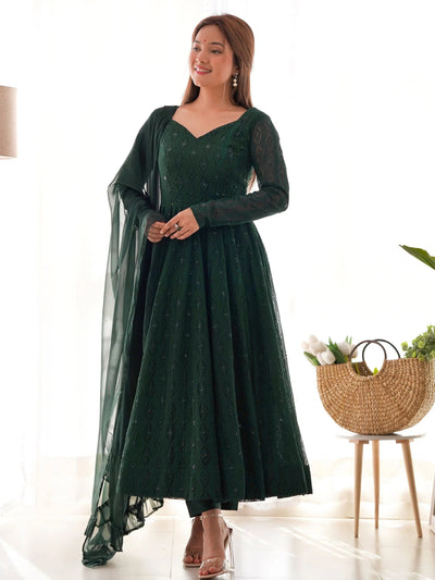 Green Georgette Lakhnavi Work Festival Wear Anarkali Suit for Women