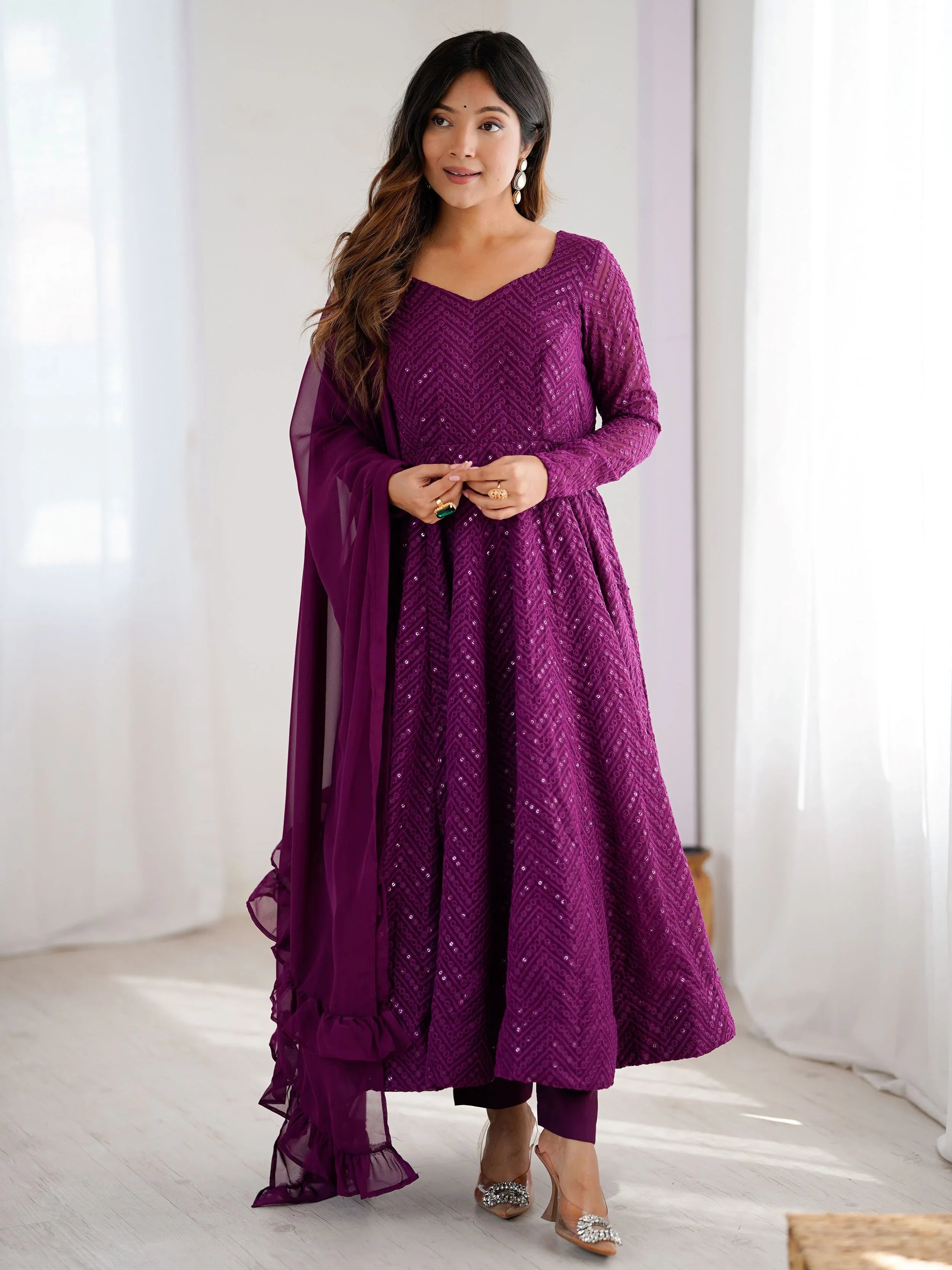 Wine Sequins Georgette Festival Wear Anarkali Suit for Women