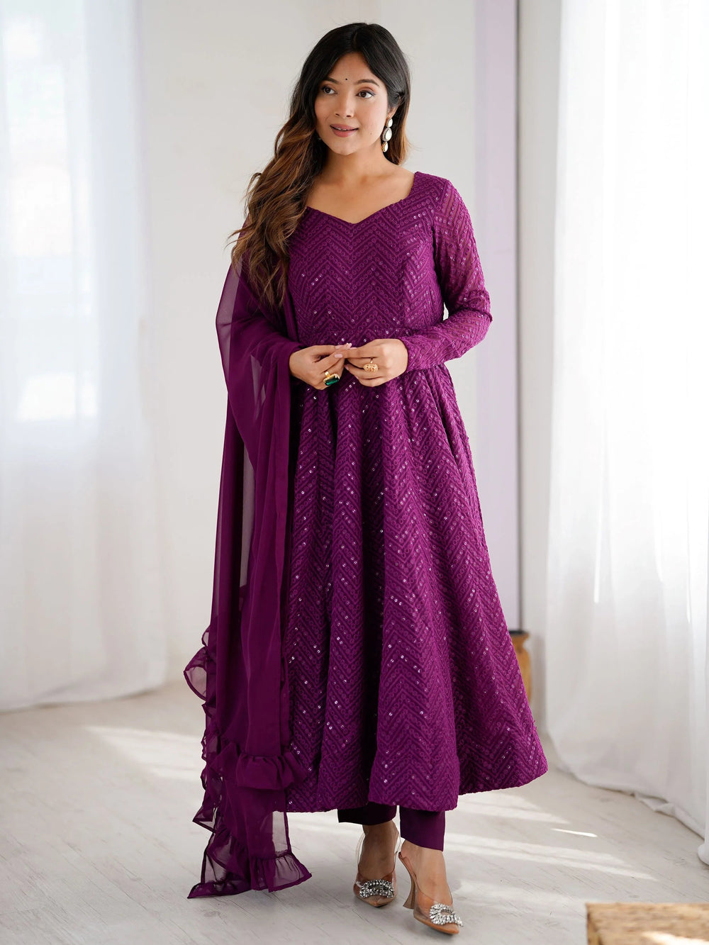 Wine Sequins Georgette Festival Wear Anarkali Suit for Women