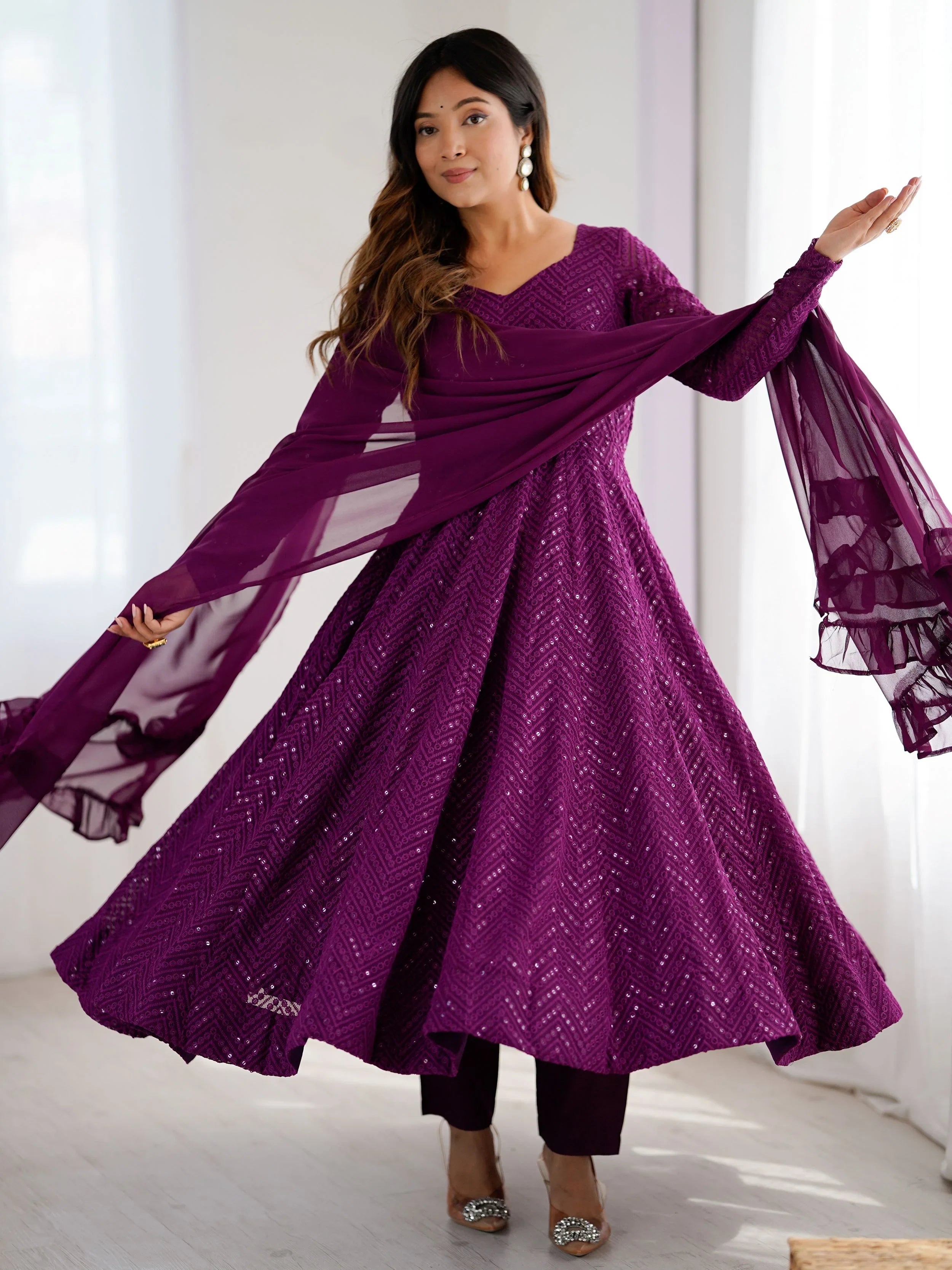 Wine Sequins Georgette Festival Wear Anarkali Suit for Women