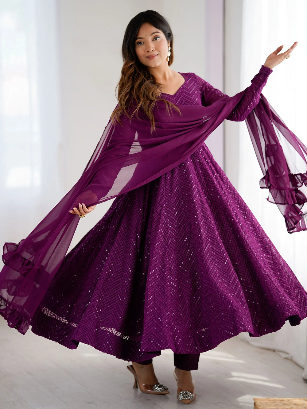 Wine Sequins Georgette Festival Wear Anarkali Suit for Women