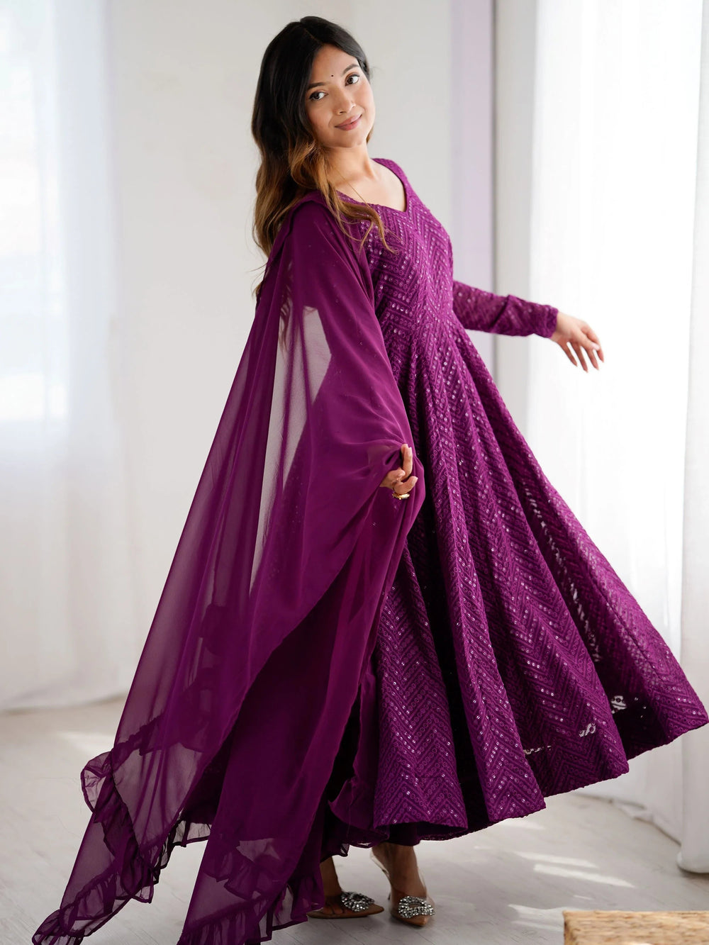 Wine Sequins Georgette Festival Wear Anarkali Suit for Women