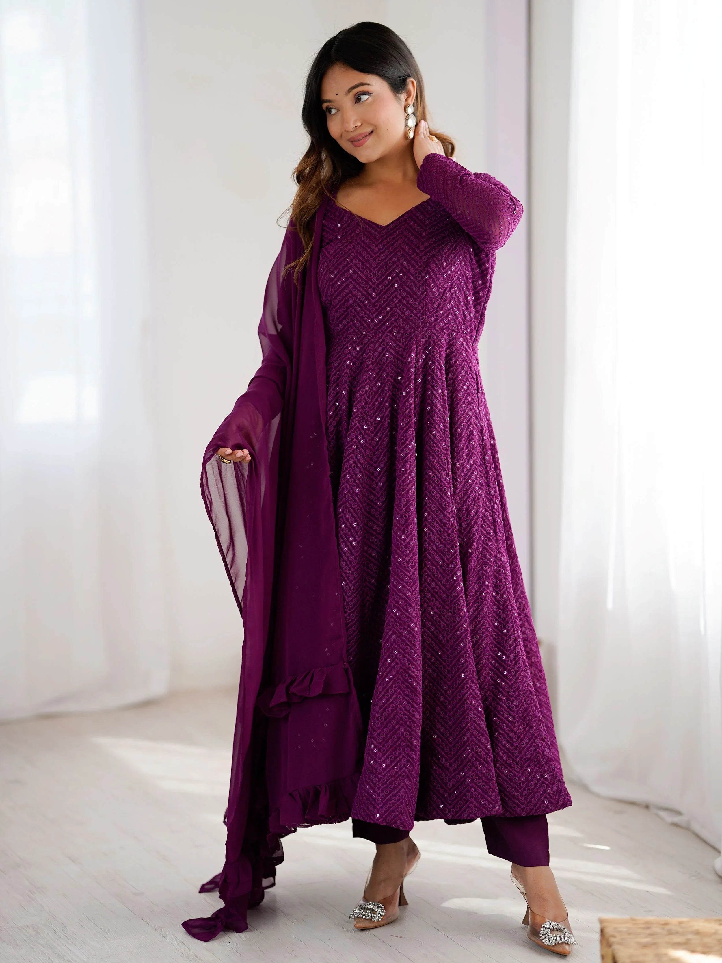 Wine Sequins Georgette Festival Wear Anarkali Suit for Women