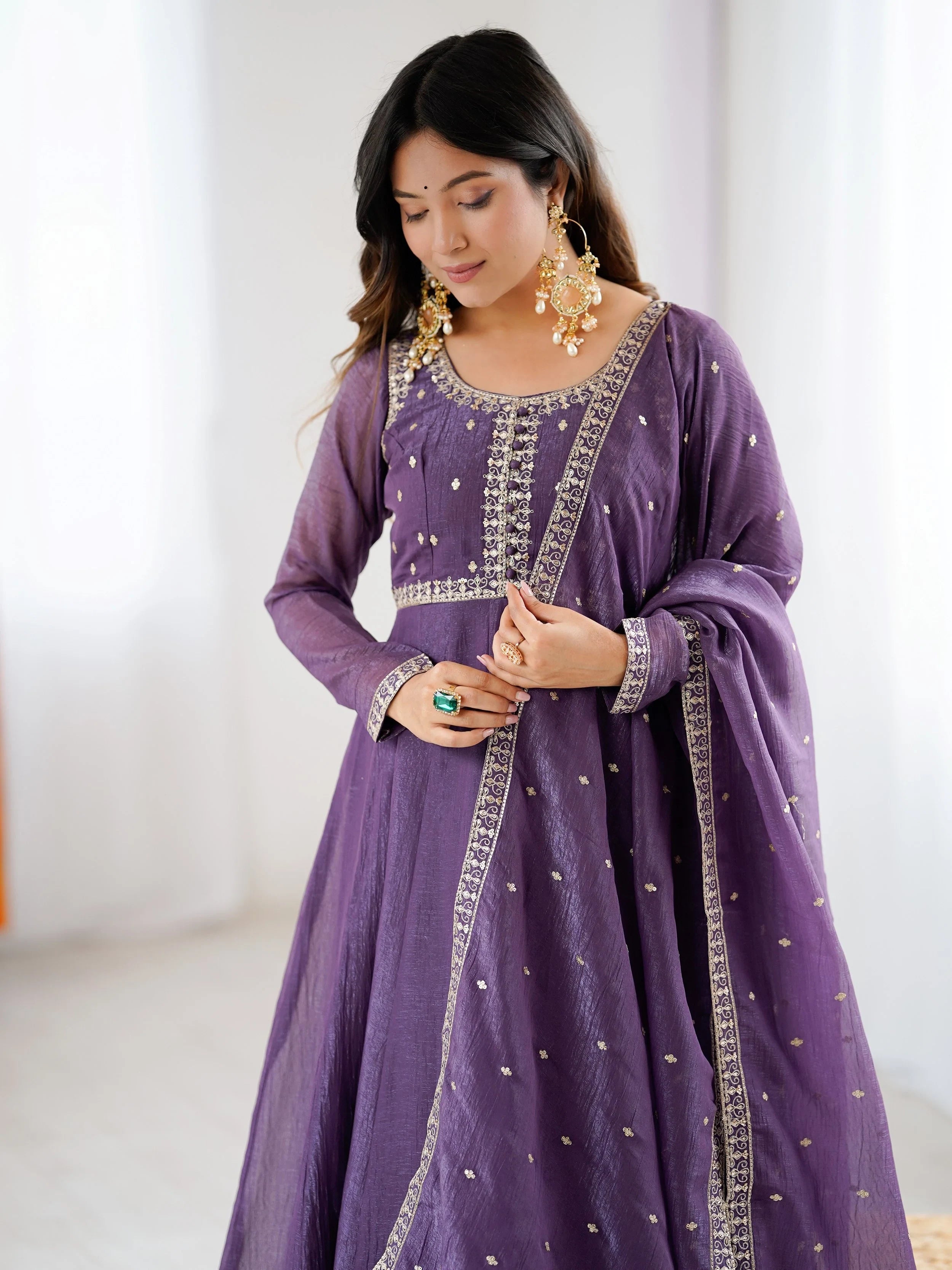 Purple Sequins Silk Wedding Wear Anarkali Gown With Dupatta for Women