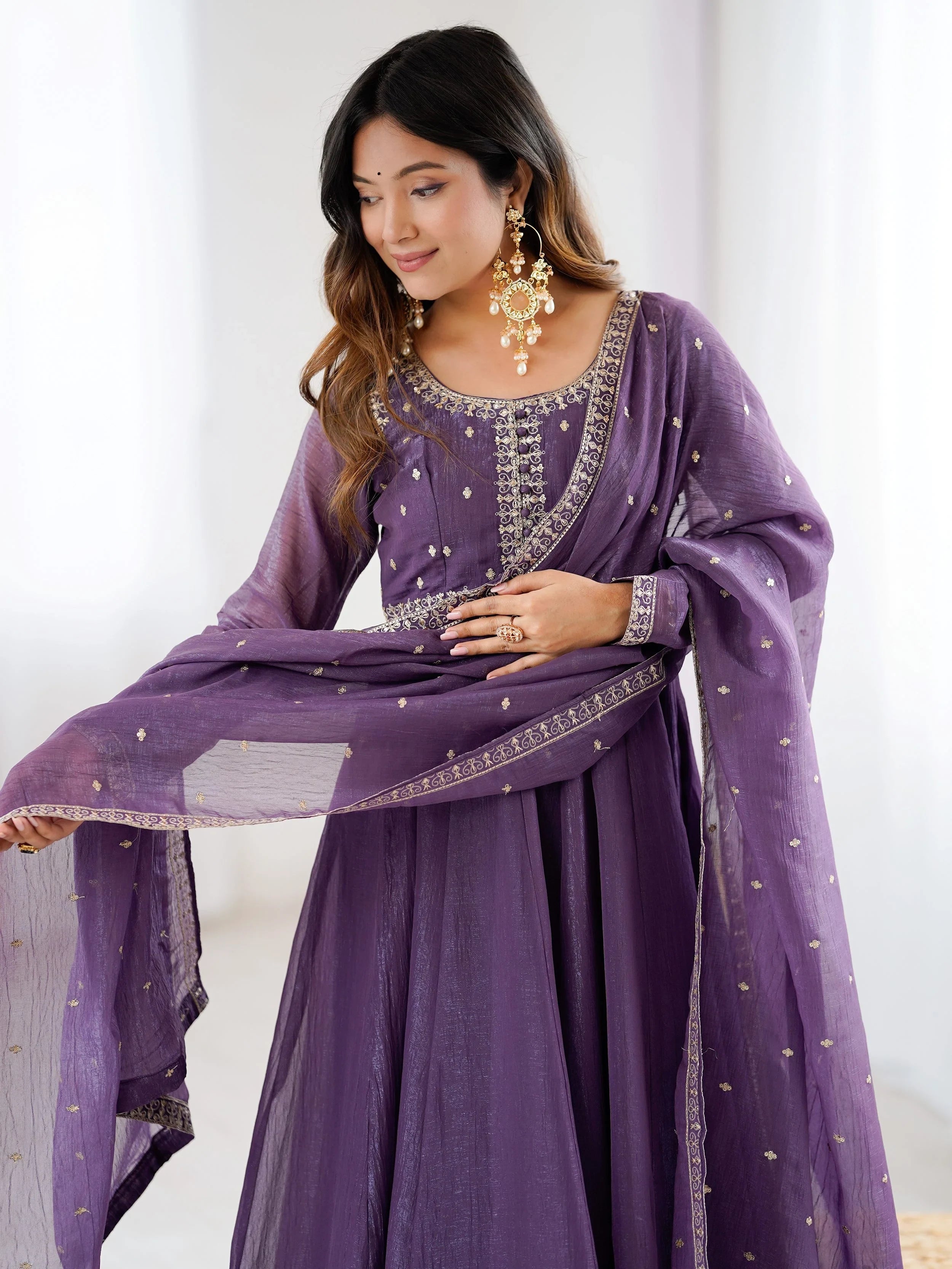 Purple Sequins Silk Wedding Wear Anarkali Gown With Dupatta for Women