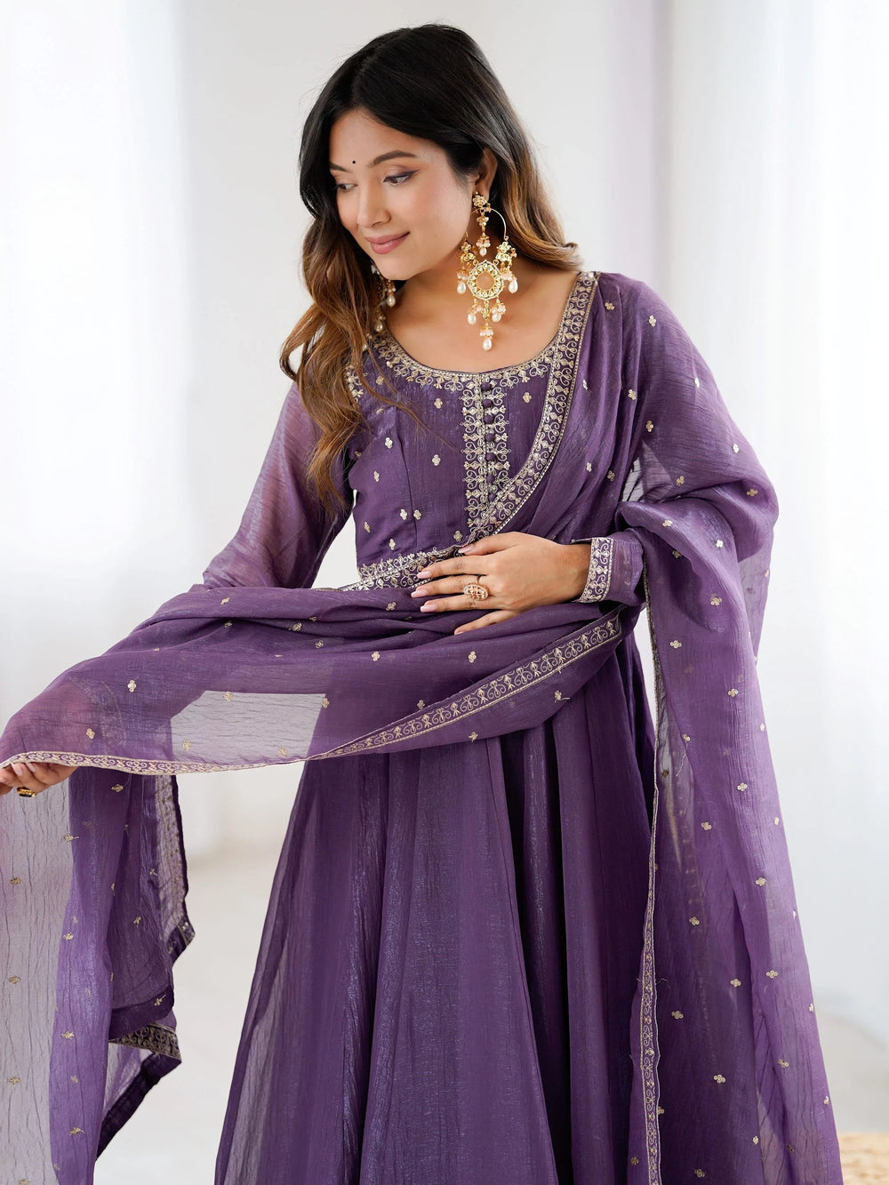 Purple Sequins Silk Wedding Wear Anarkali Gown With Dupatta for Women