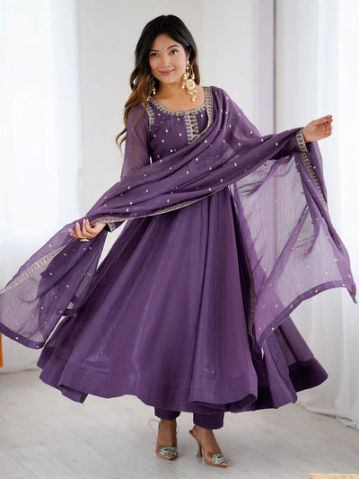 Purple Sequins Silk Wedding Wear Anarkali Gown With Dupatta for Women