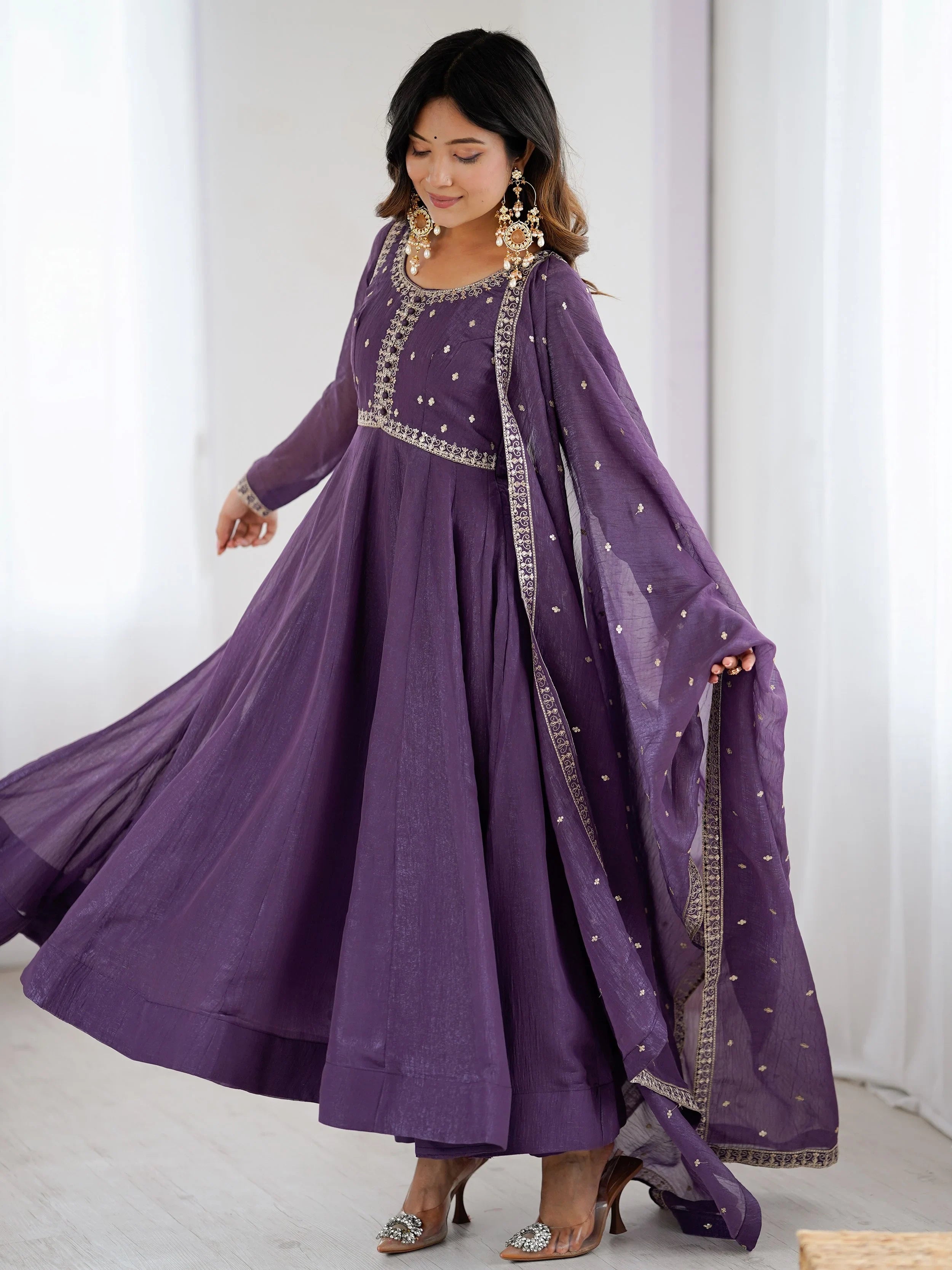 Purple Sequins Silk Wedding Wear Anarkali Gown With Dupatta for Women