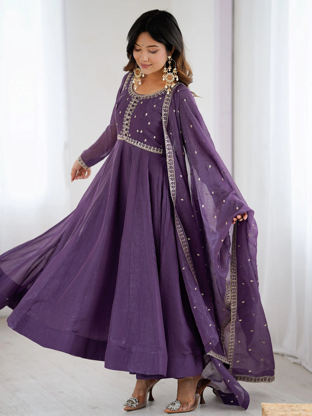 Purple Sequins Silk Wedding Wear Anarkali Gown With Dupatta for Women