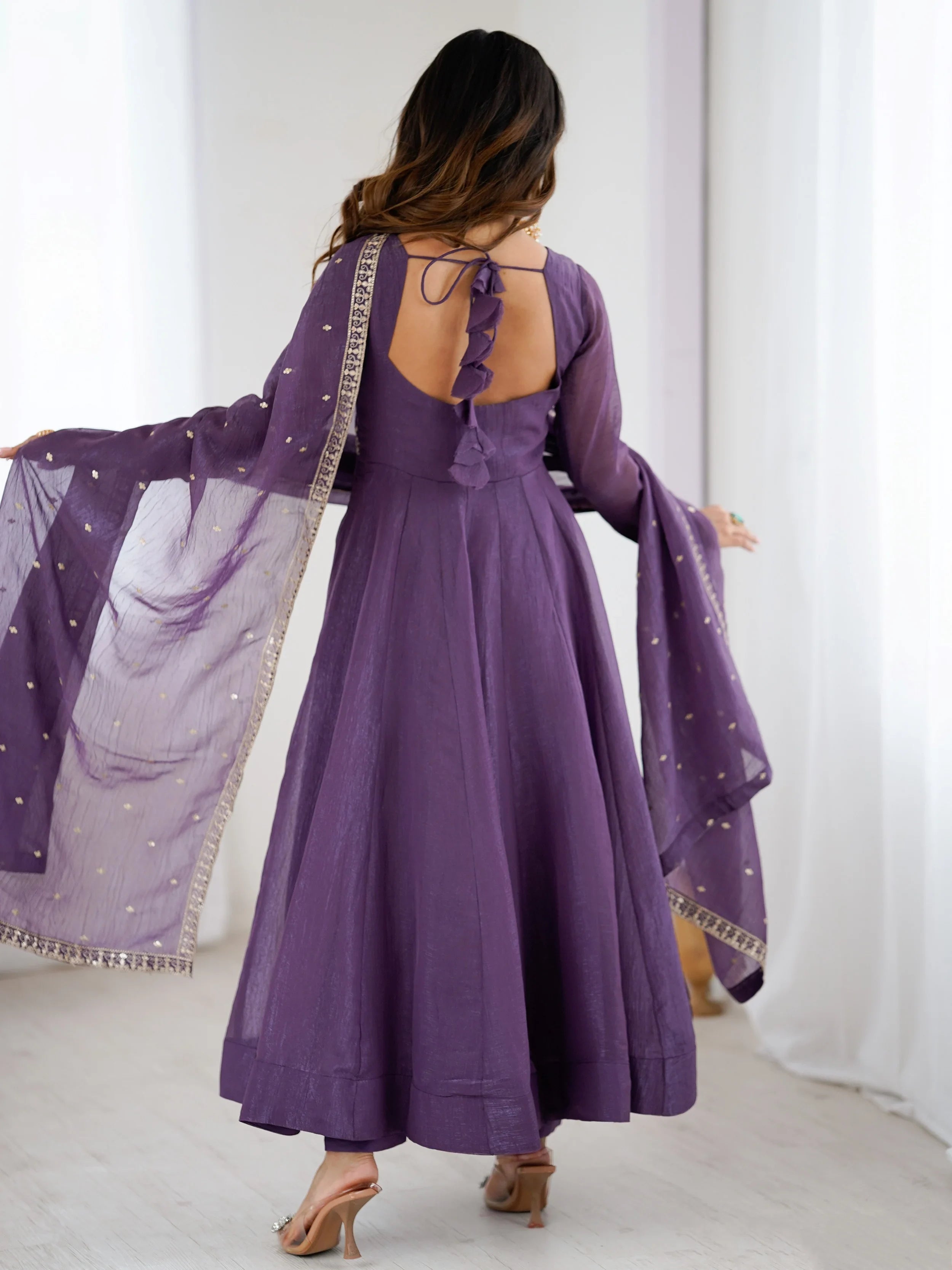 Purple Sequins Silk Wedding Wear Anarkali Gown With Dupatta for Women