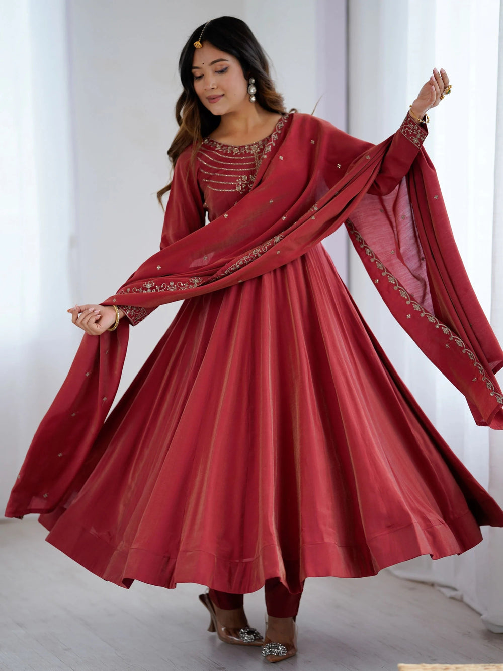 Maroon Chanderi Silk Embroidered Party Wear Anarkali Suit for Women
