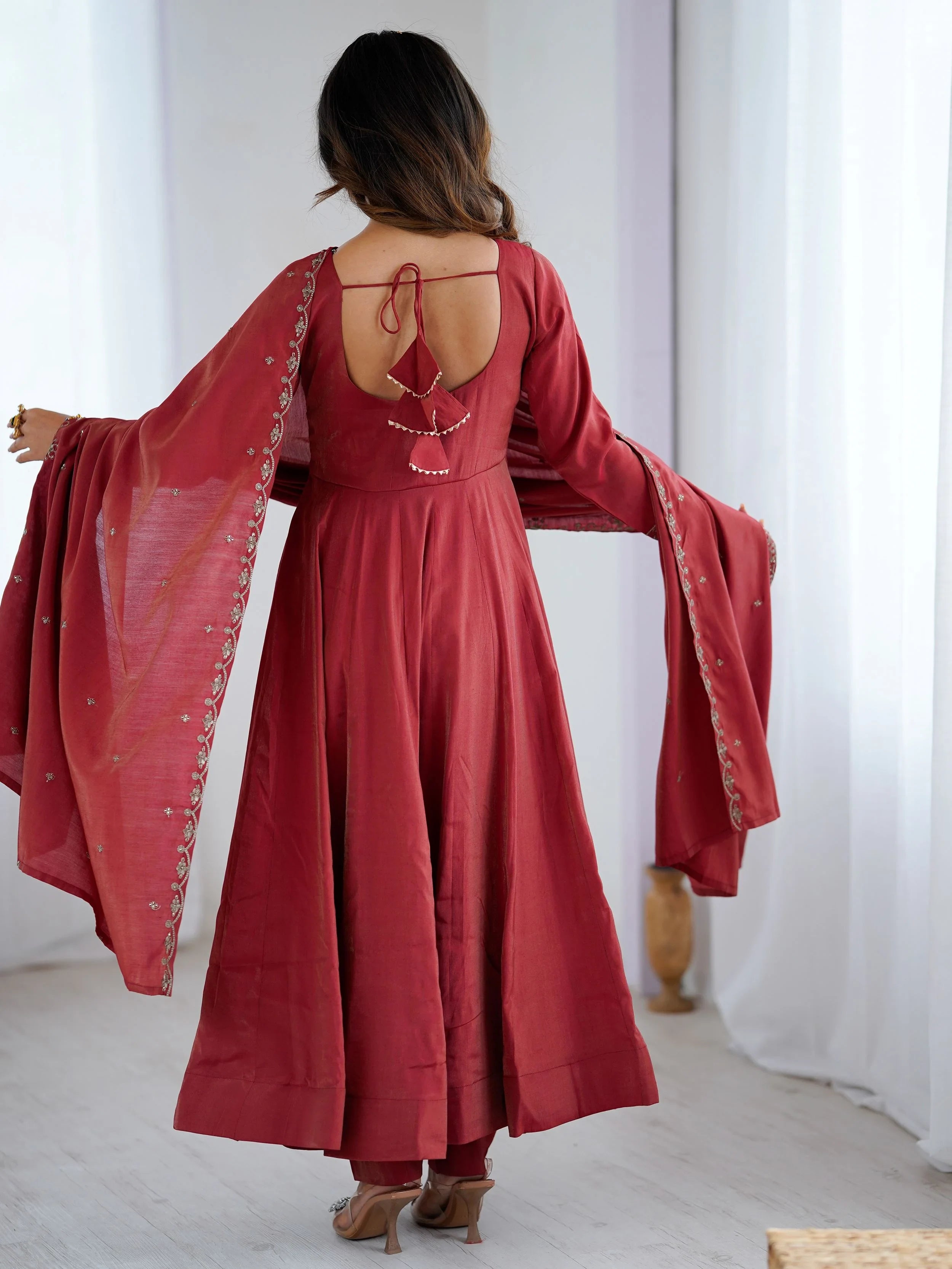 Maroon Chanderi Silk Embroidered Party Wear Anarkali Suit for Women