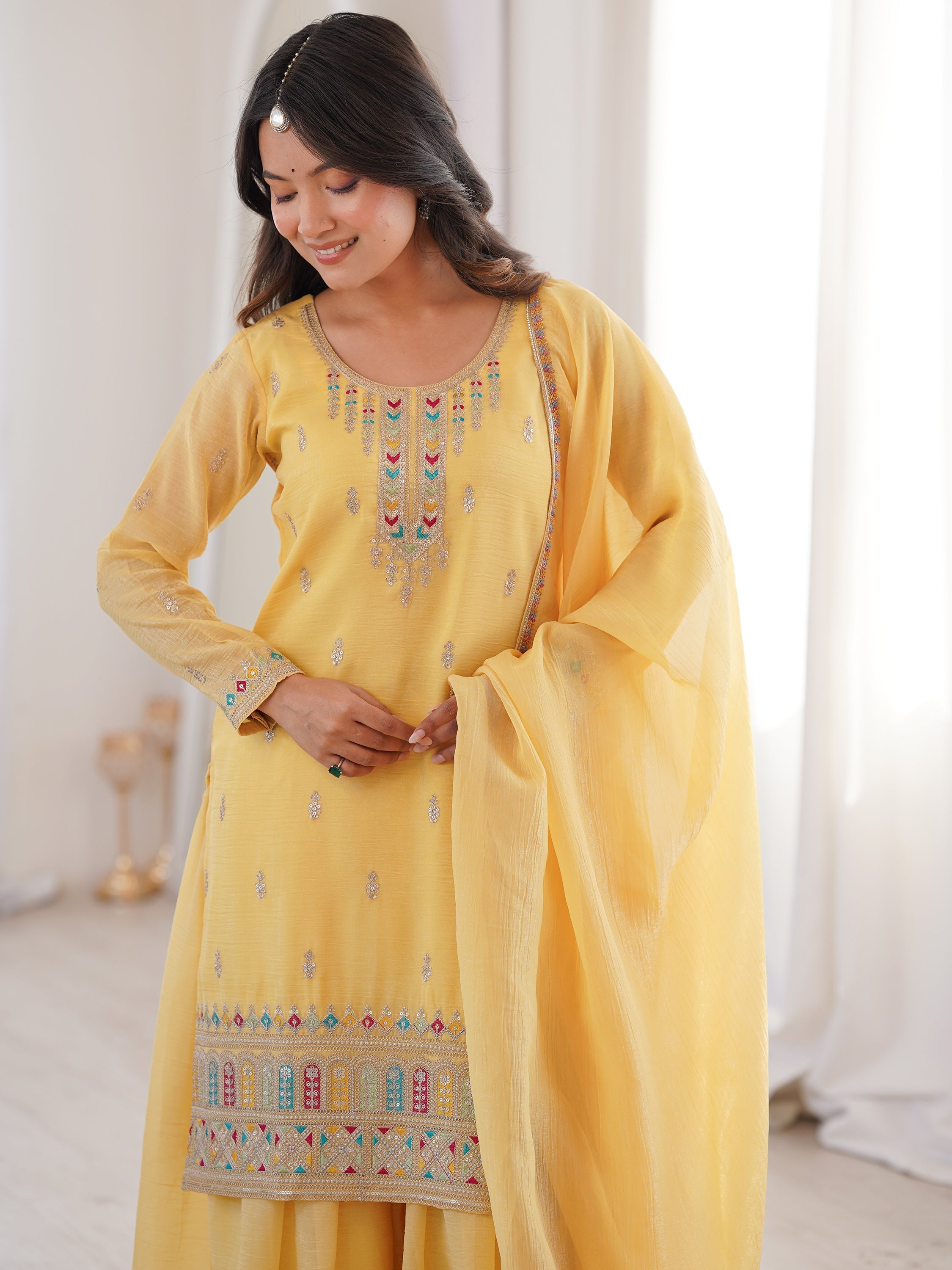 Superb Yellow Dori Embroidered Silk Haldi Wear Sharara Suit for Women