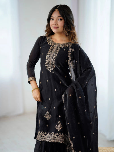 Black Silk Zari Embroidered Wedding Wear Sharara Suit for Women