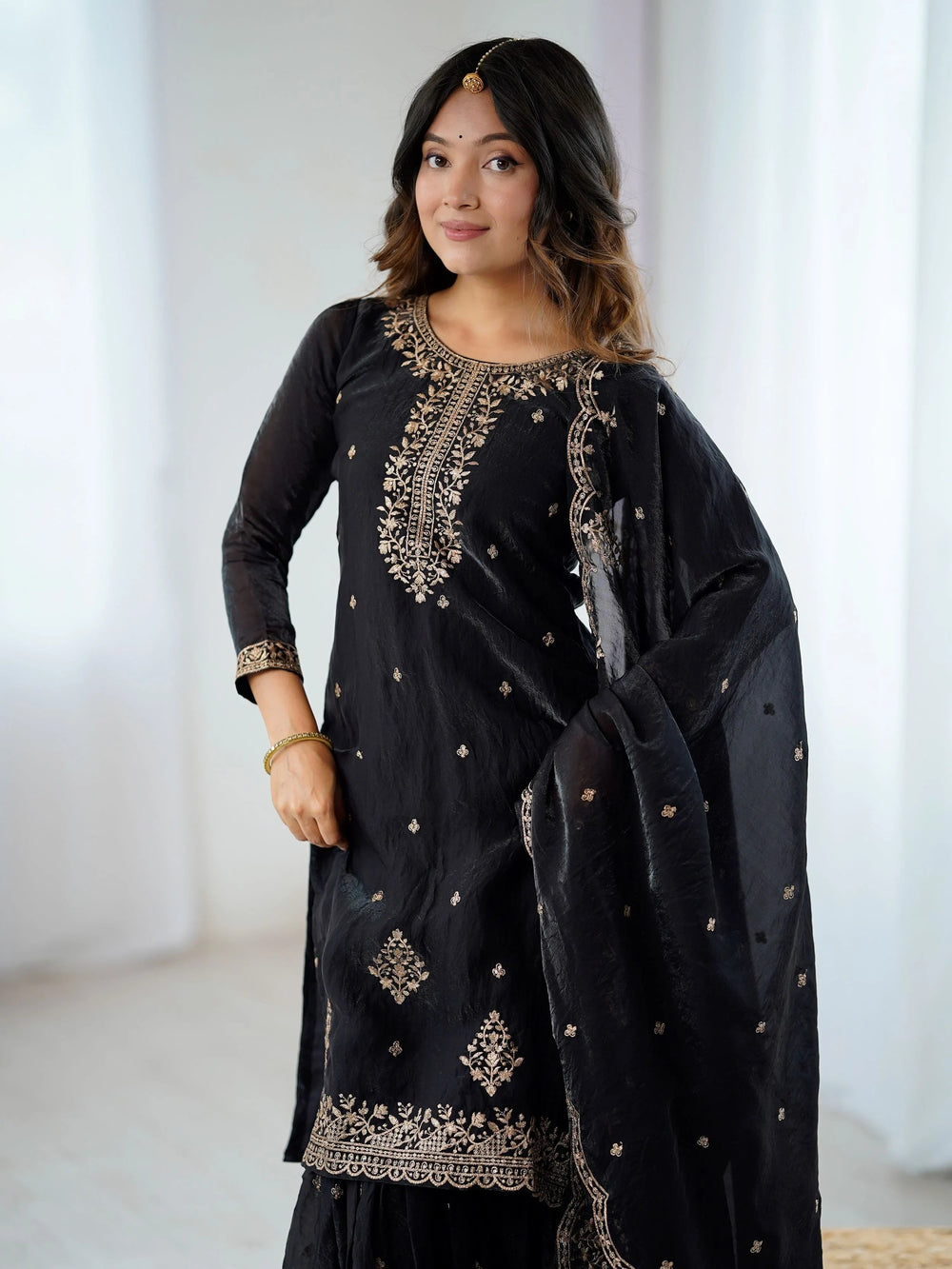 Black Silk Zari Embroidered Wedding Wear Sharara Suit for Women