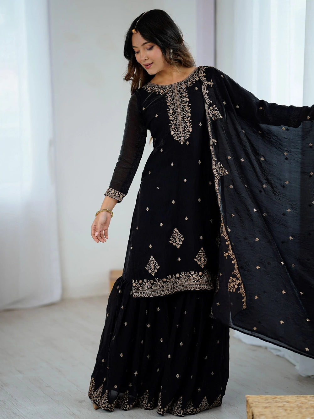 Black Silk Zari Embroidered Wedding Wear Sharara Suit for Women