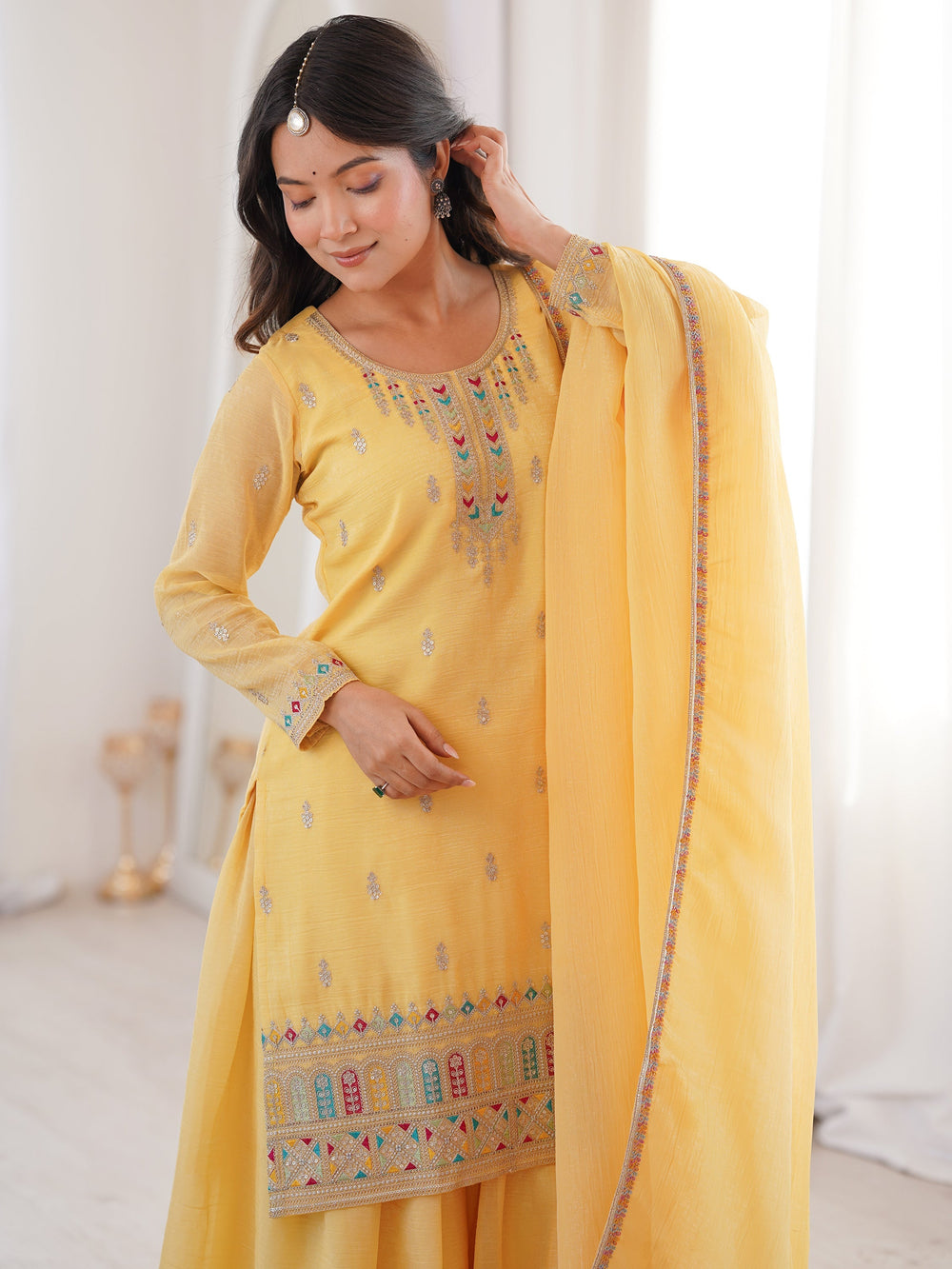 Superb Yellow Dori Embroidered Silk Haldi Wear Sharara Suit for Women