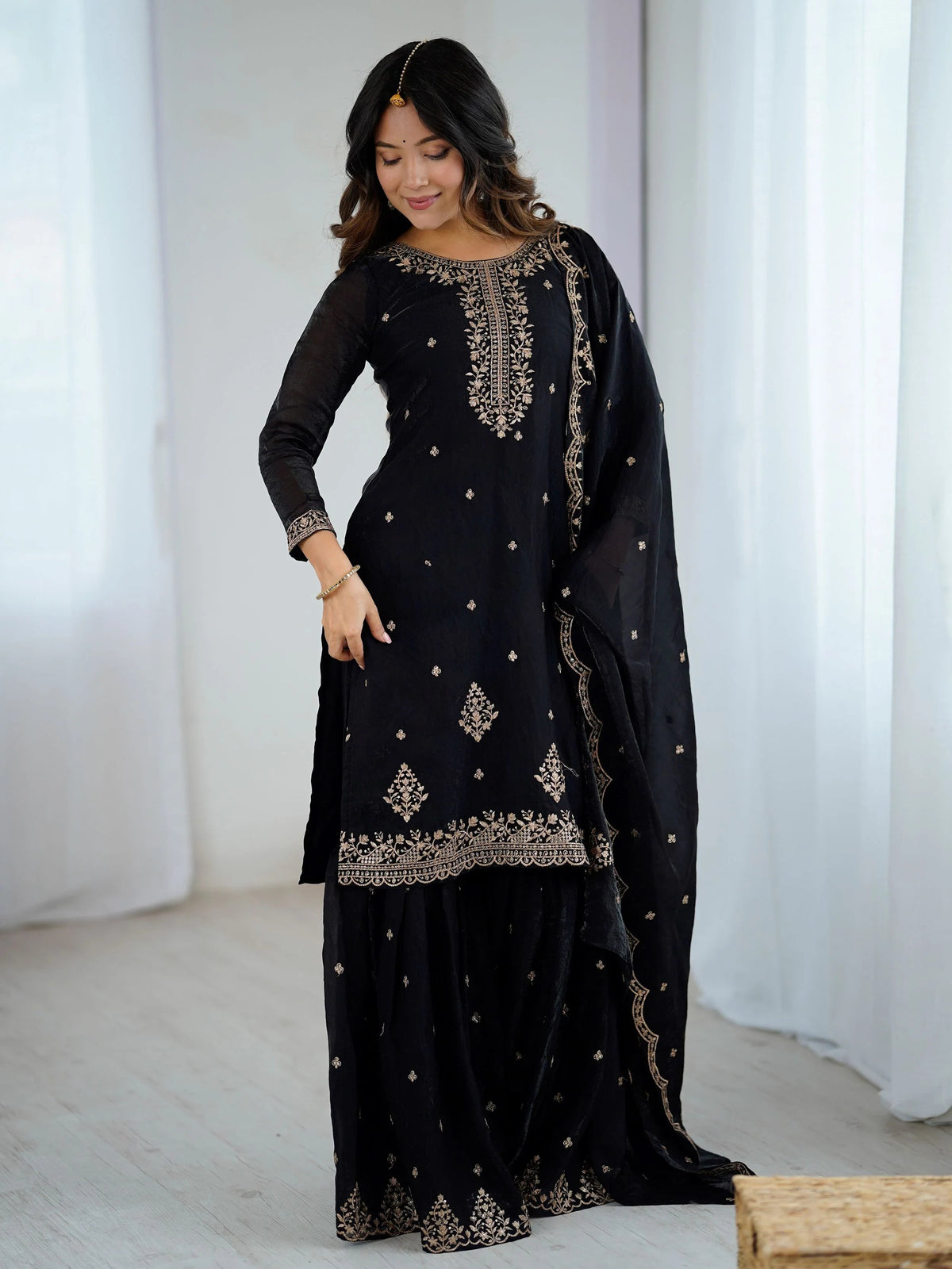 Black Silk Zari Embroidered Wedding Wear Sharara Suit for Women