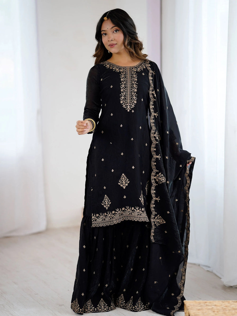 Black Silk Zari Embroidered Wedding Wear Sharara Suit for Women
