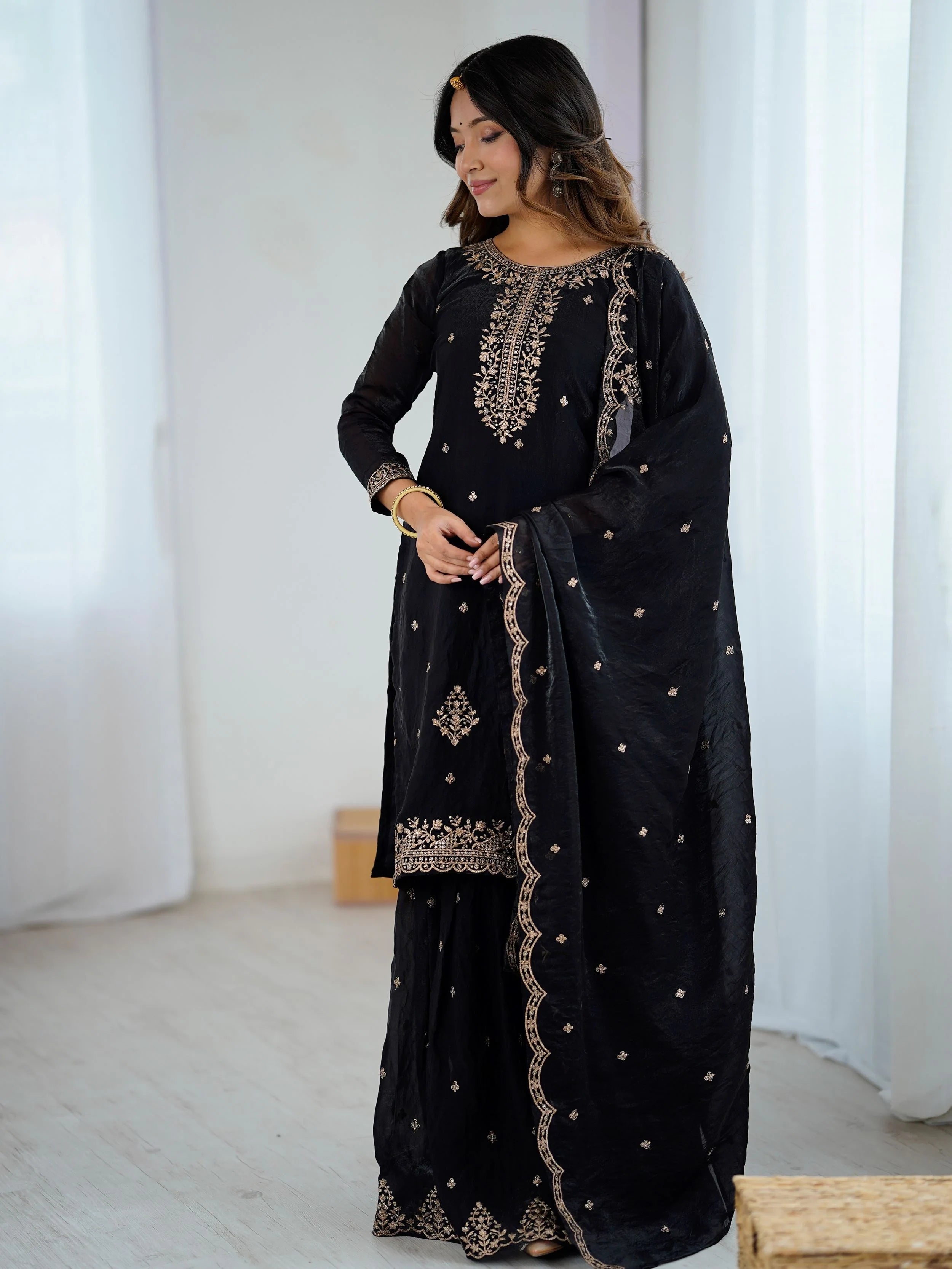 Black Silk Zari Embroidered Wedding Wear Sharara Suit for Women