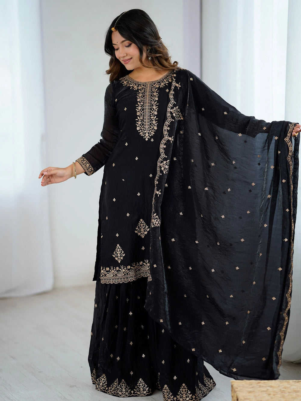 Black Silk Zari Embroidered Wedding Wear Sharara Suit for Women