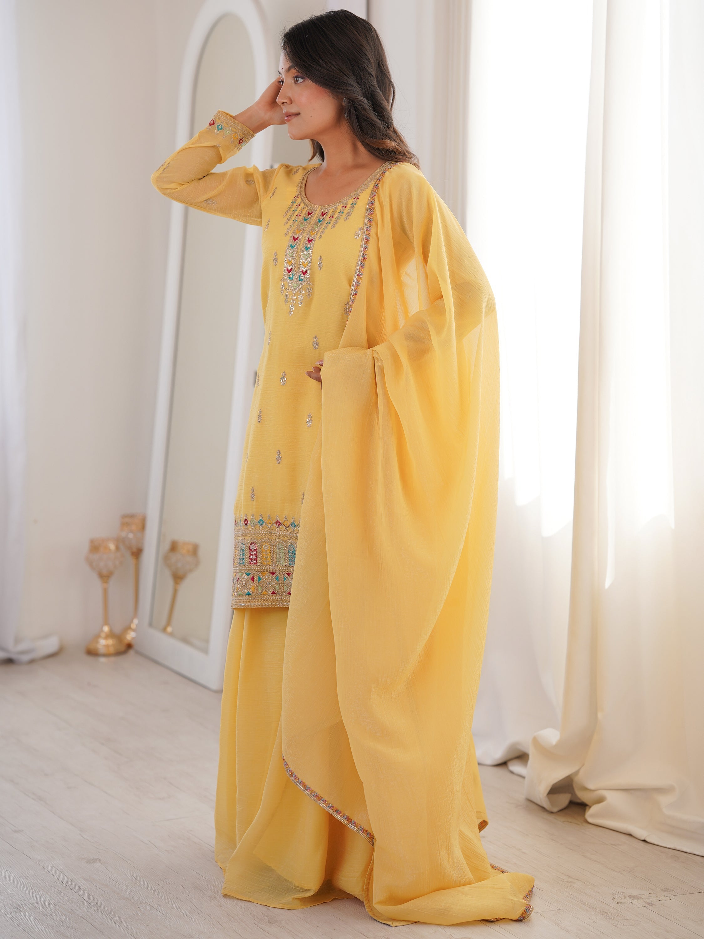 Superb Yellow Dori Embroidered Silk Haldi Wear Sharara Suit for Women