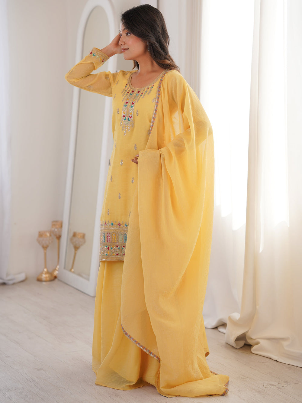 Superb Yellow Dori Embroidered Silk Haldi Wear Sharara Suit for Women