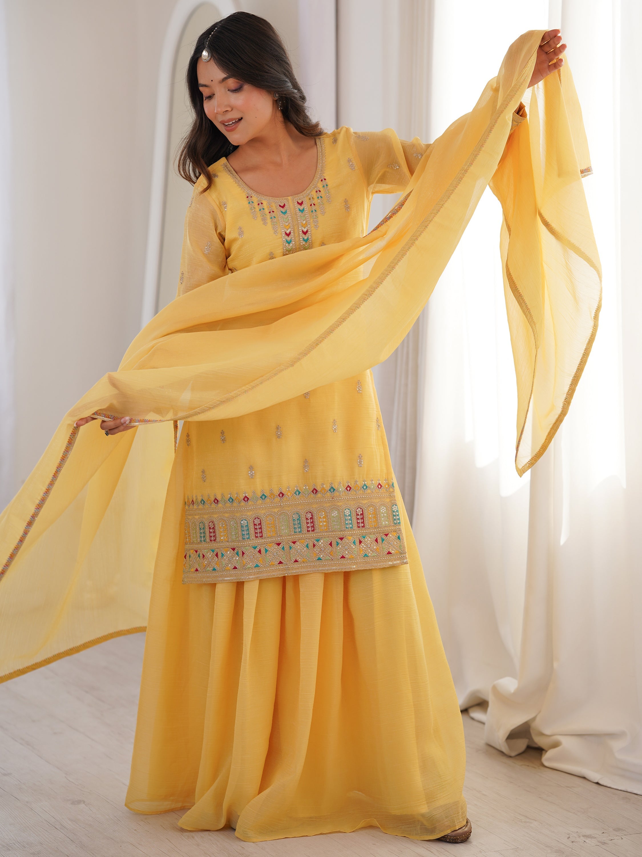 Superb Yellow Dori Embroidered Silk Haldi Wear Sharara Suit for Women