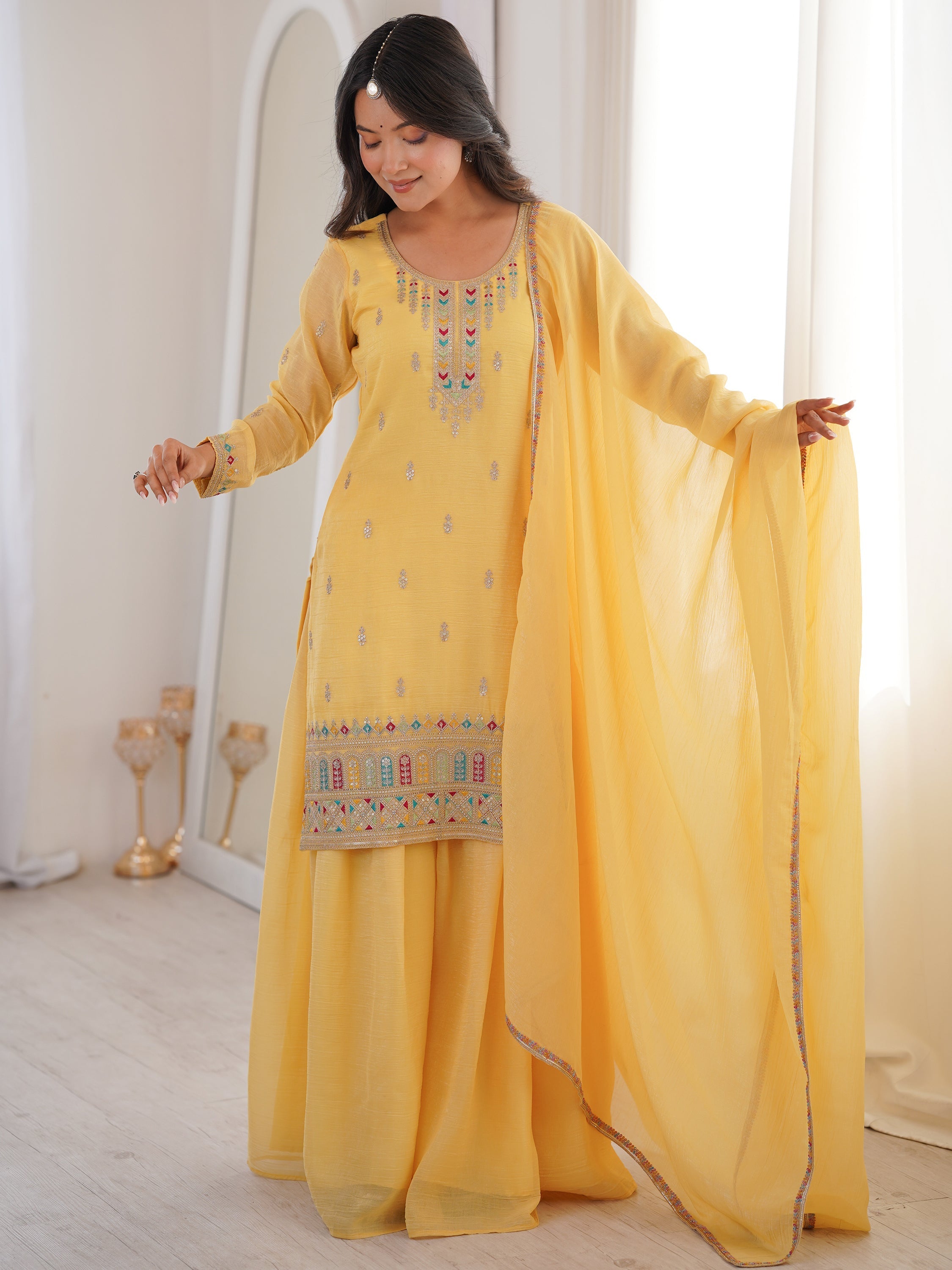 Superb Yellow Dori Embroidered Silk Haldi Wear Sharara Suit for Women