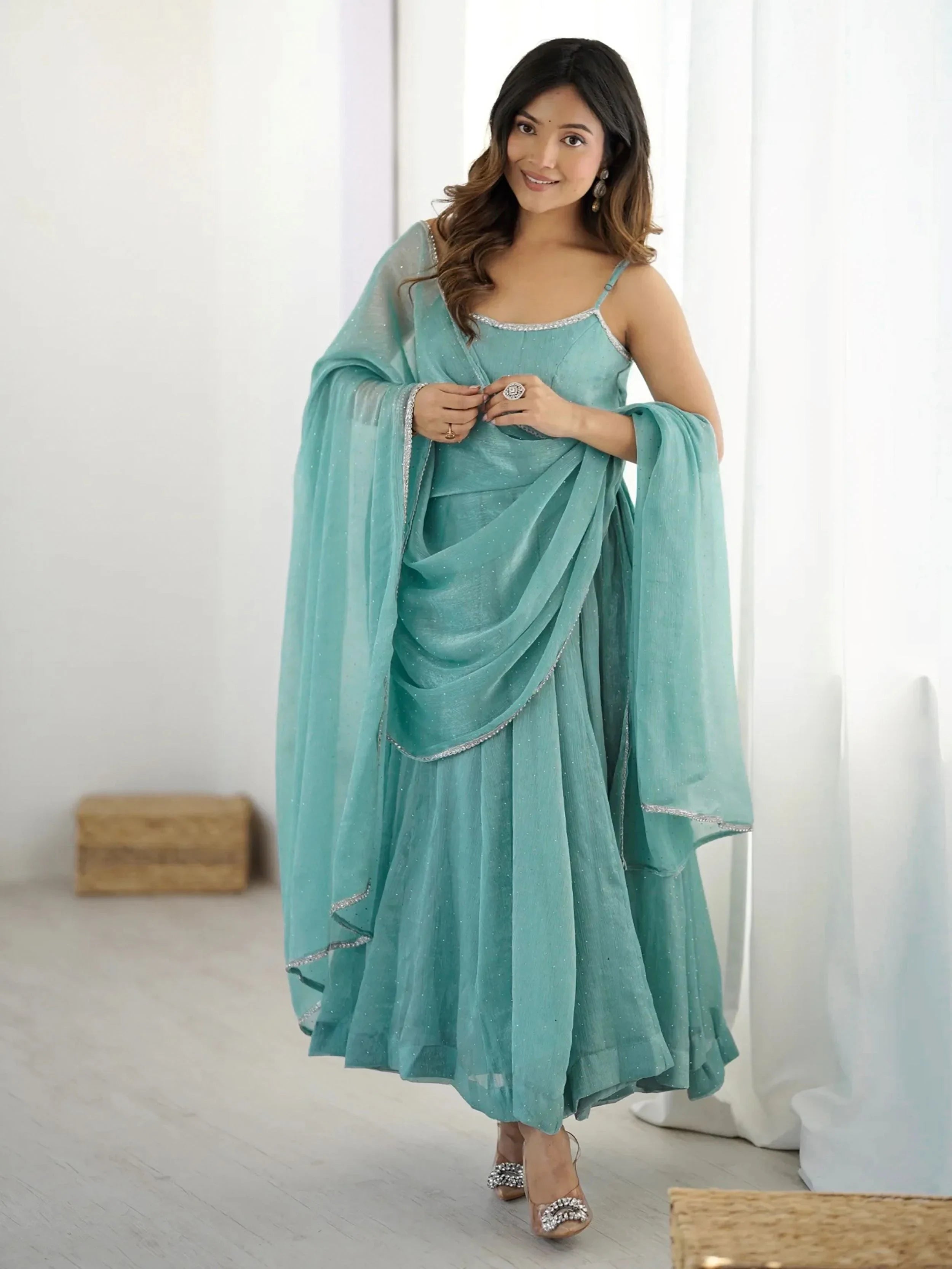 Chic Sky Blue Silk Swarovski Work Traditional Anarkali Suit for Women
