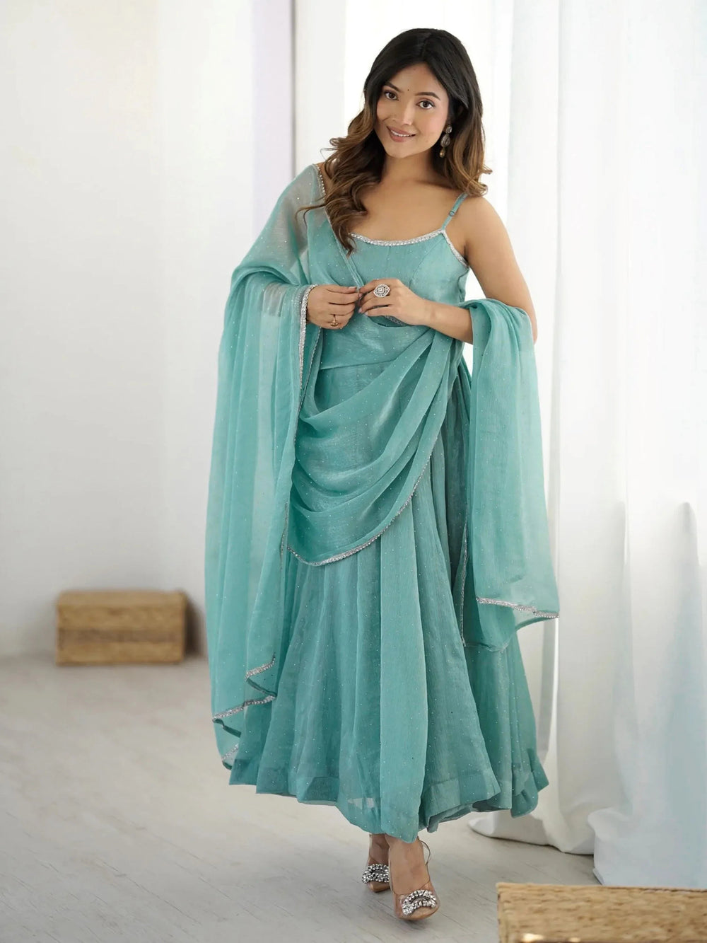 Chic Sky Blue Silk Swarovski Work Traditional Anarkali Suit for Women