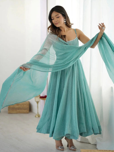Chic Sky Blue Silk Swarovski Work Traditional Anarkali Suit for Women