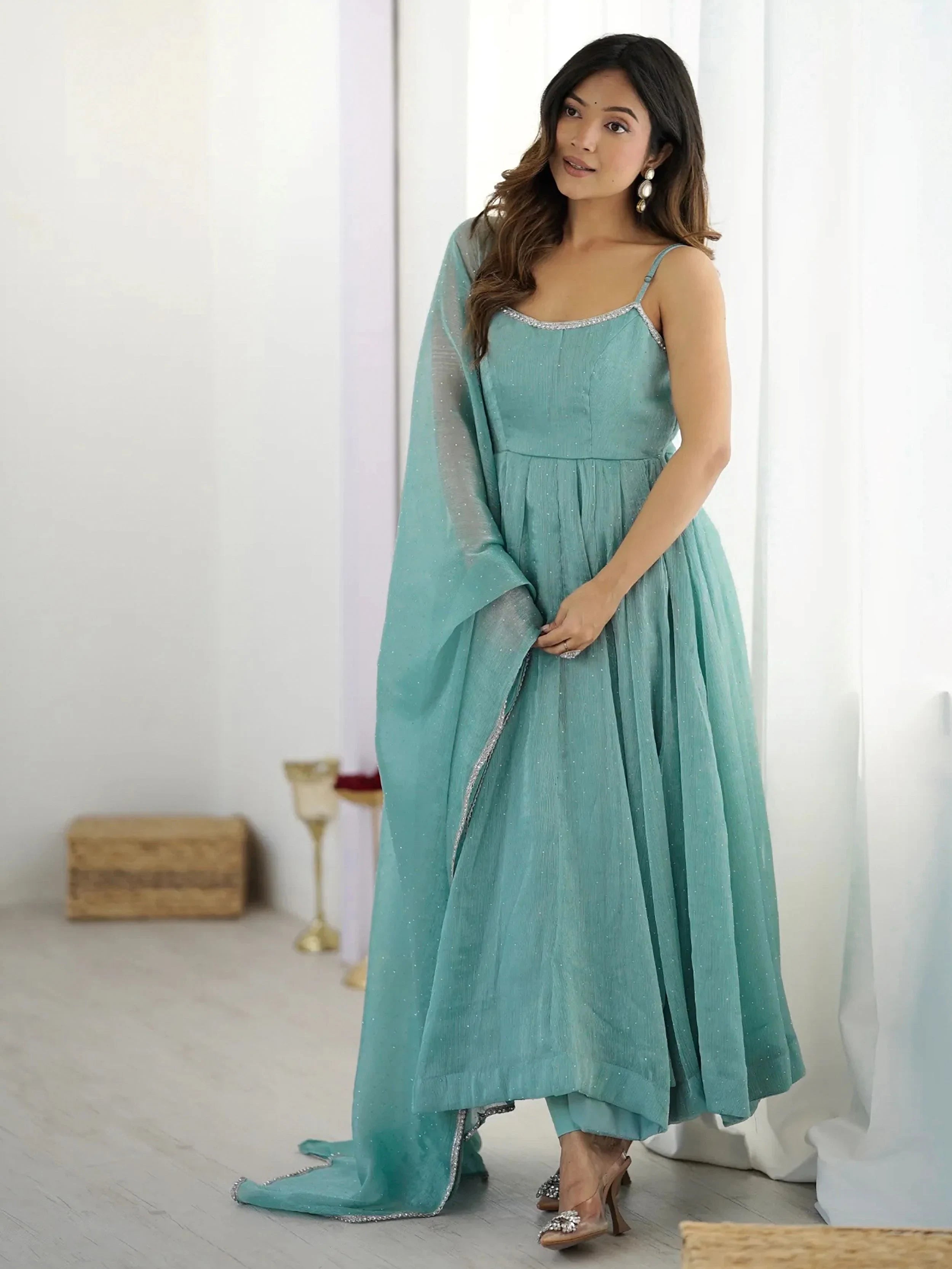 Chic Sky Blue Silk Swarovski Work Traditional Anarkali Suit for Women