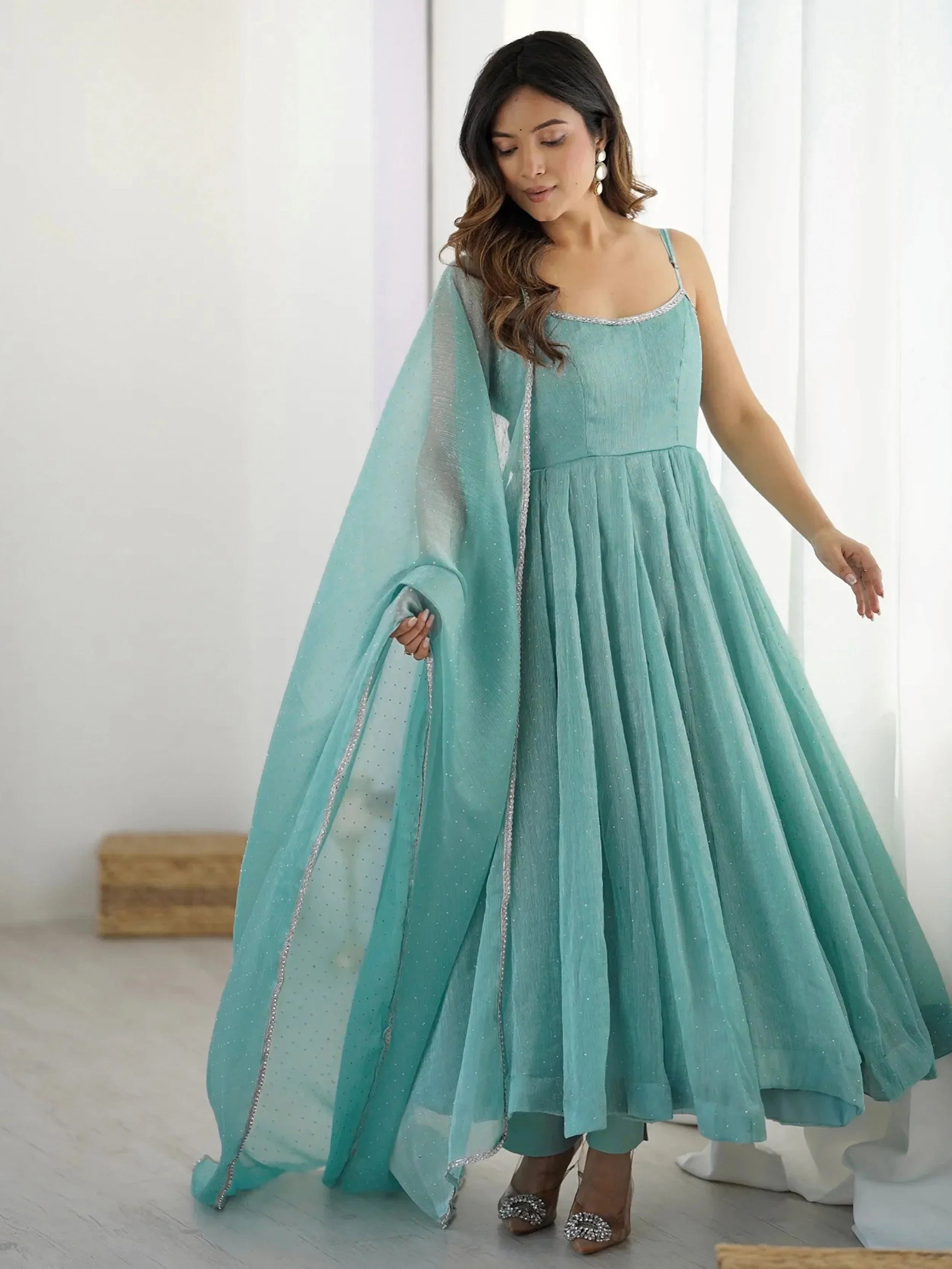 Chic Sky Blue Silk Swarovski Work Traditional Anarkali Suit for Women