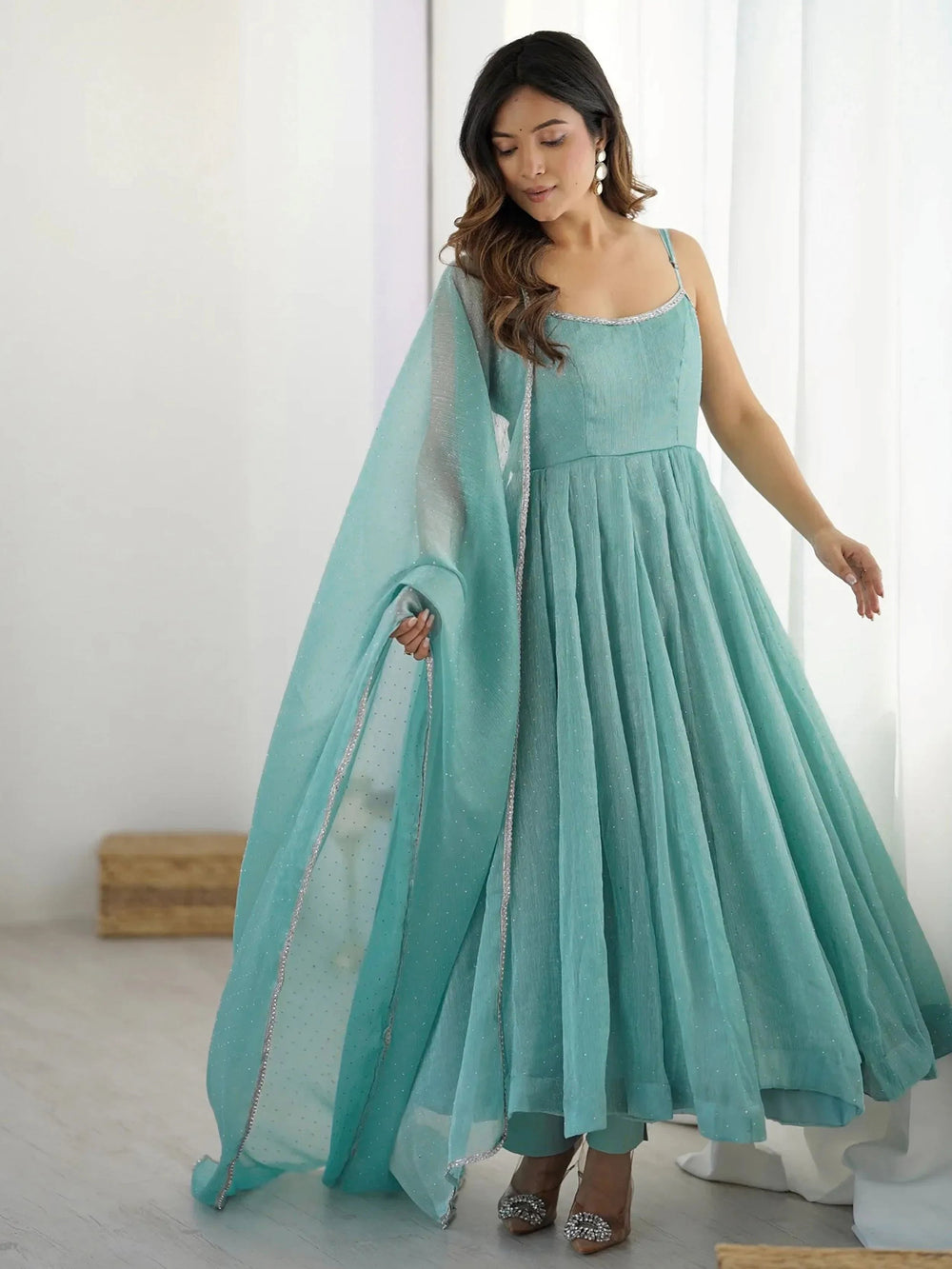 Chic Sky Blue Silk Swarovski Work Traditional Anarkali Suit for Women