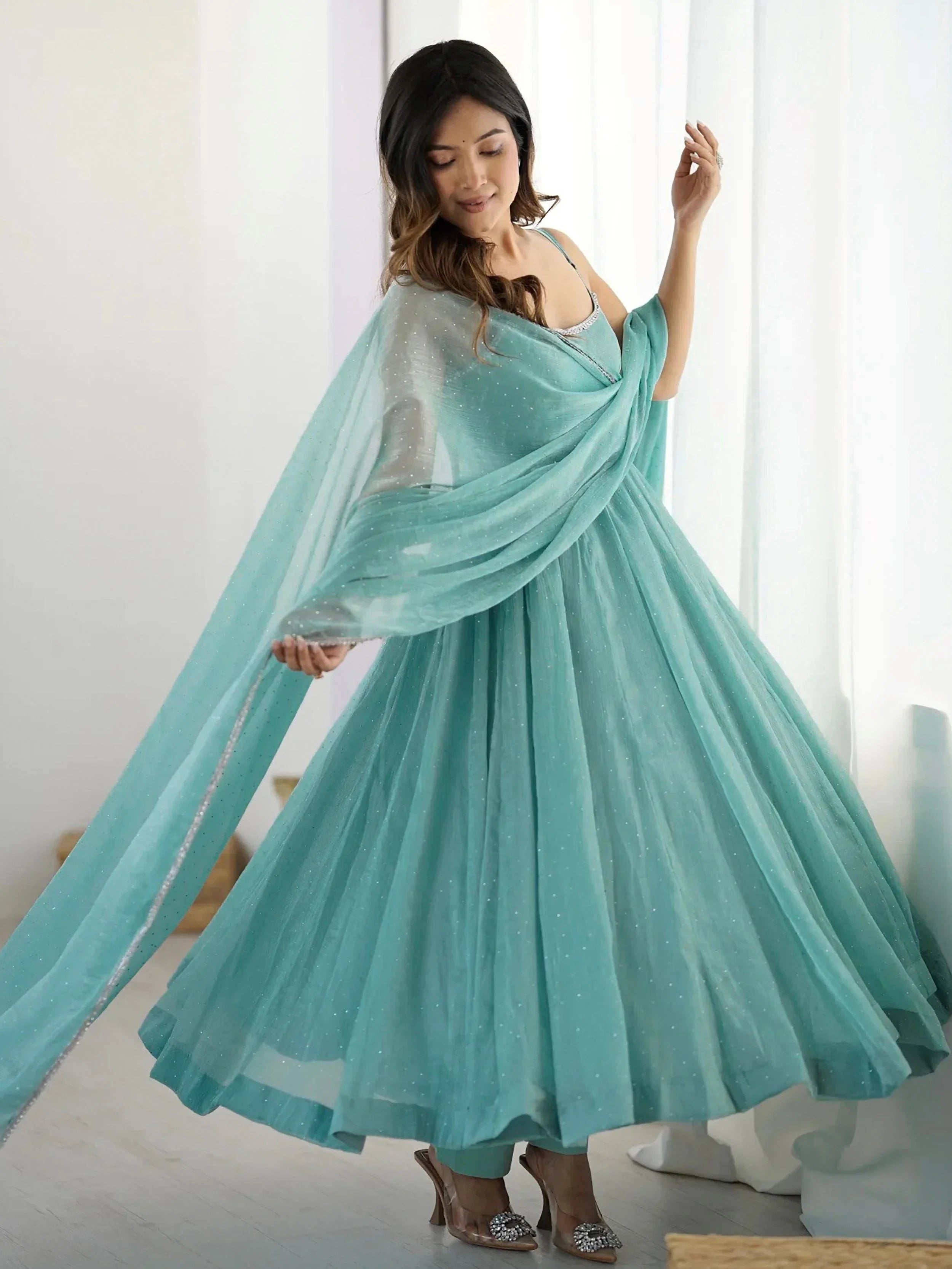 Chic Sky Blue Silk Swarovski Work Traditional Anarkali Suit for Women