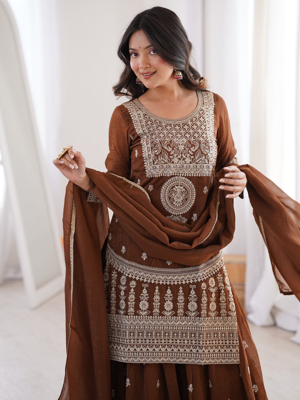 Brown Dori Embroidery Silk Eid Special Sharara Suit for Women