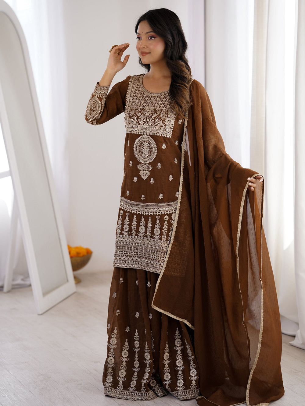 Brown Dori Embroidery Silk Eid Special Sharara Suit for Women