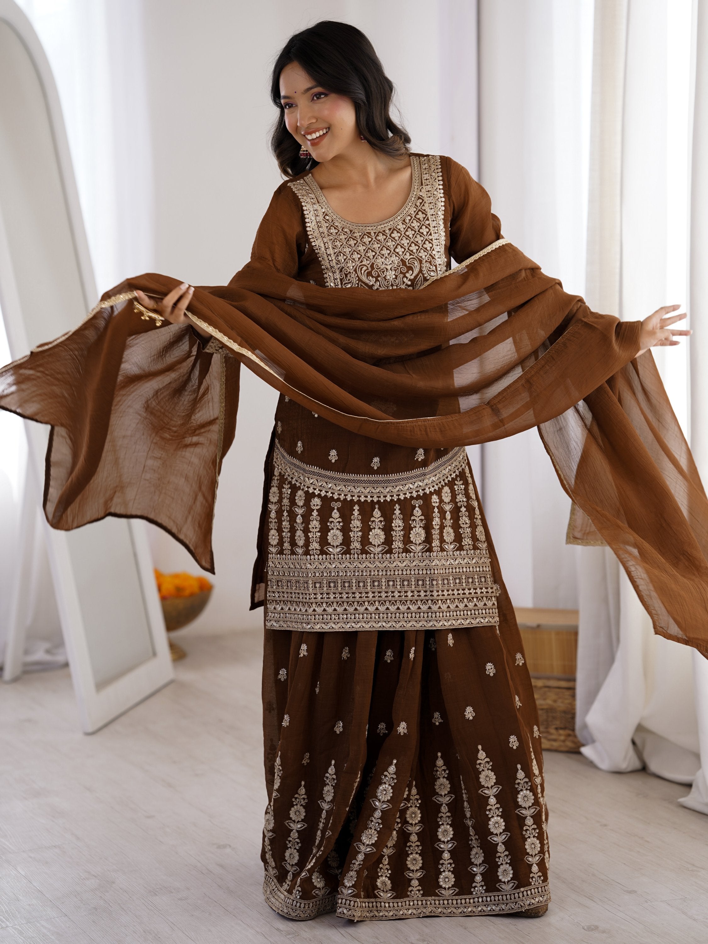 Brown Dori Embroidery Silk Eid Special Sharara Suit for Women